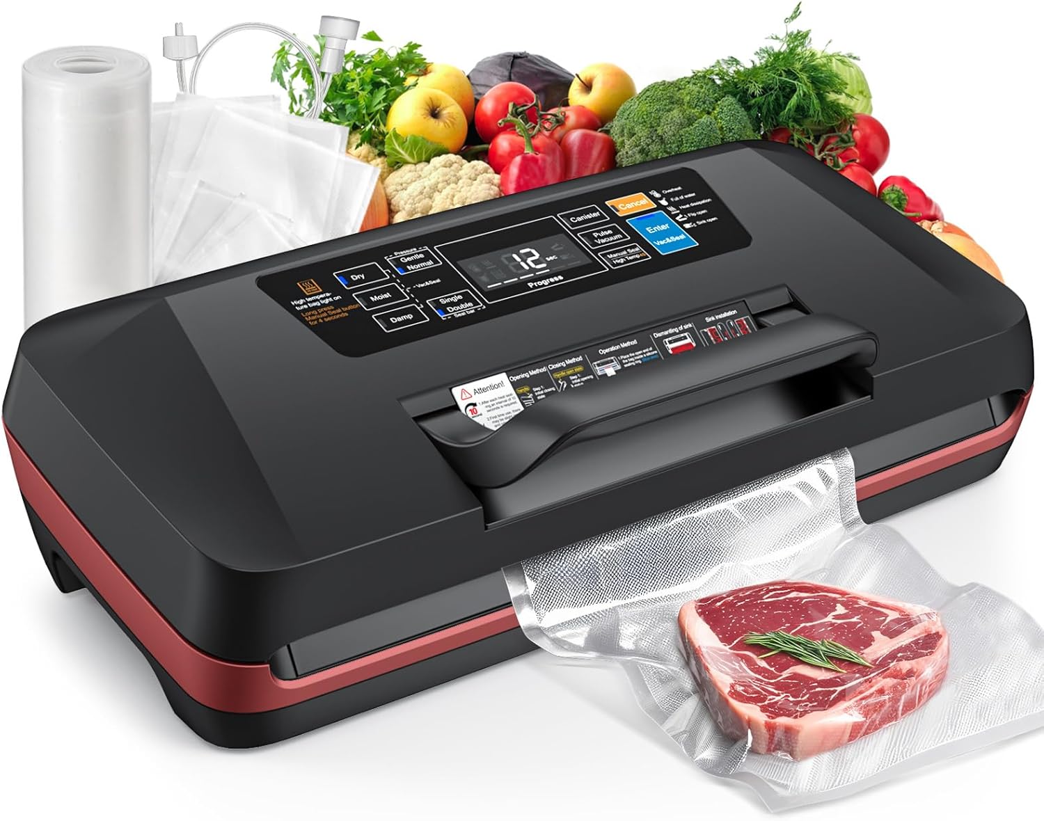 95kPa Vacuum Sealer Machine,Commercial Fully Automatic Food Sealer,10-in-1 Powerful Sealing System with Double Heat Seal,Easy-Lock Handle, 10 Pre-cut Bags1, Bag Rolls, Built-in cutter