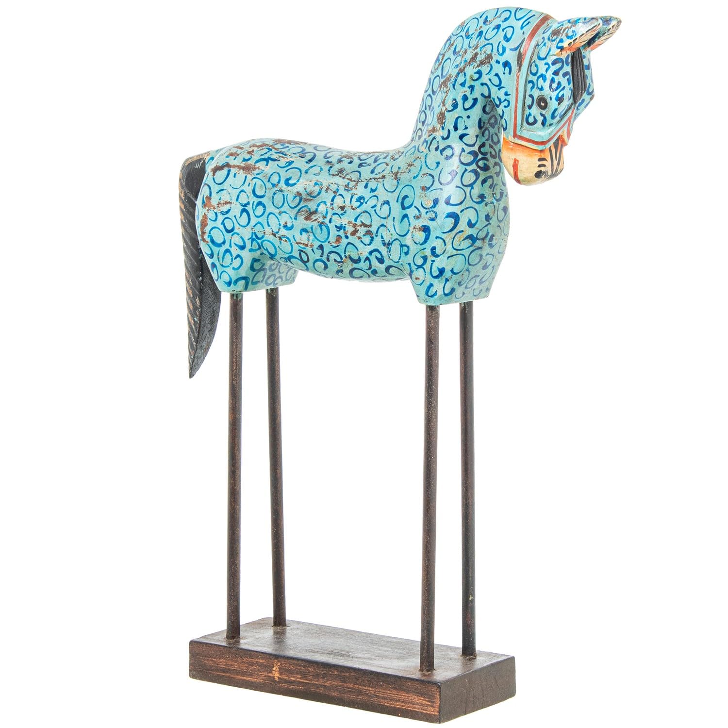 Figurine cheval en bois DRW grand modèle 40 cm avec socle métal bleu