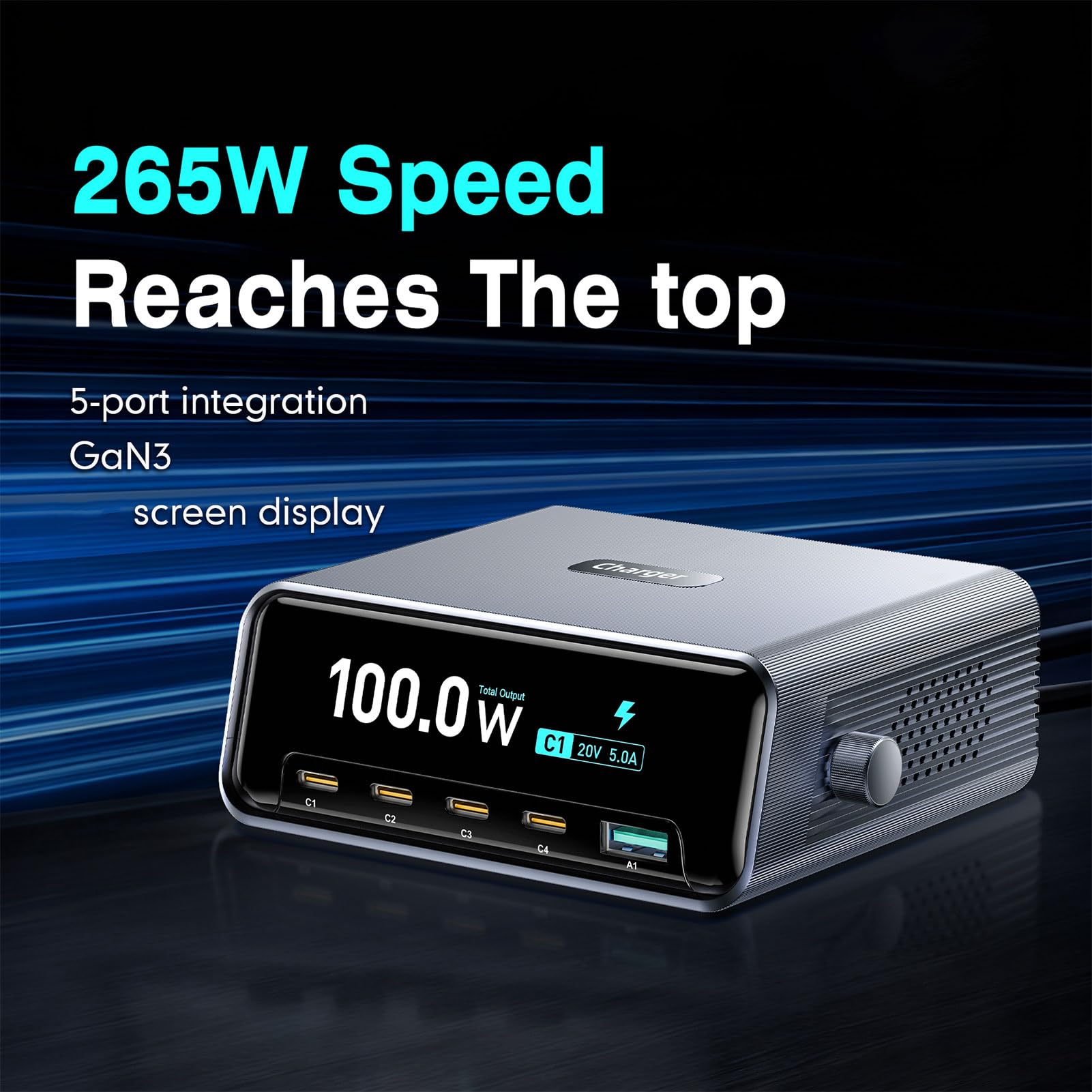 Generic Estación de Carga GAN de 265 W y 5 Puertos con Pantalla HD de 2,3 Pulgadas (Enchufe de la UE)