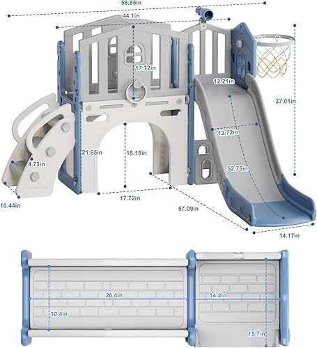 Miniatura 2 de KORIMEFA Juego de tobogán y escalador 7 en 1 para niños pequeños con aro de baloncesto, lanzamiento de anillo, telescopio para interiores y