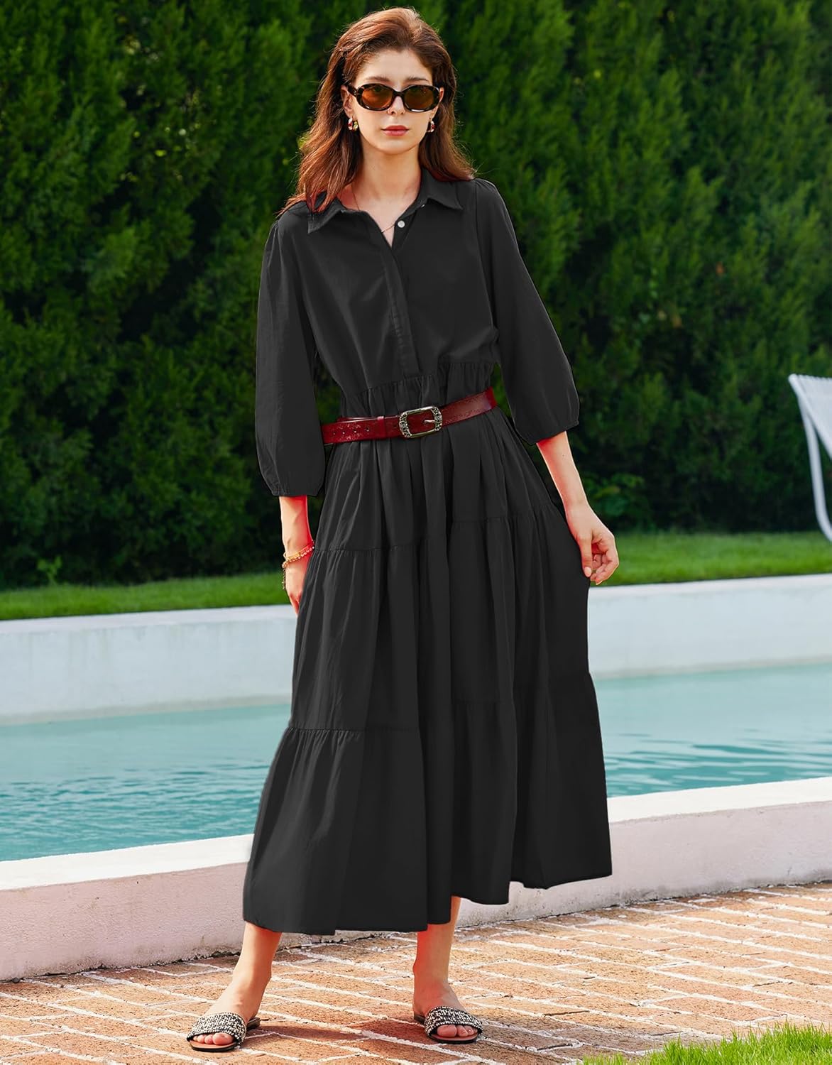 Women Button Down Maxi Shirt Dress Long Sleeve Flowy Tiered Collared Dresses with Pockets - Image 3
