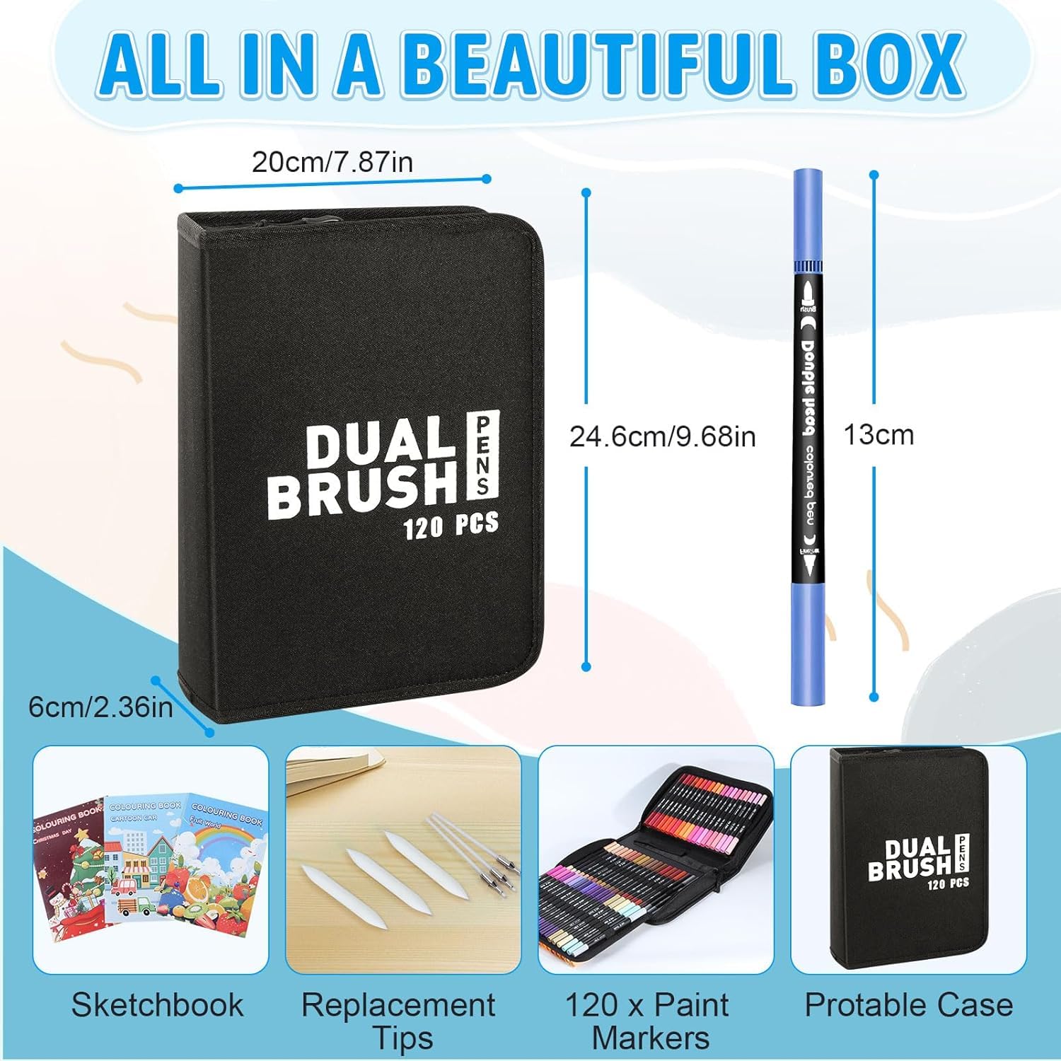 MIAOKE Pennarelli A Doppia Punta 120, Con 3 Album Da Colorare, Pennarelli Spessi E Sottili, 3 Ricariche E Una Custodia Nera Impermeabile Per Dipingere
