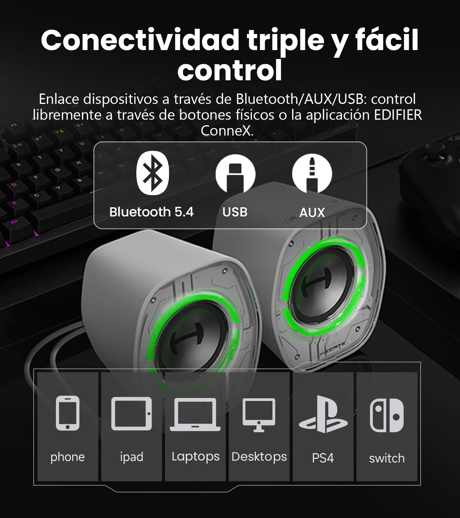 Edifier G1000 II Altavoces de Ordenador de Escritorio para Juegos, Controlador de Rango Completo de 2,5" y bajo Mejorado, Bluetooth 5.4 con USB-C/AUX, 9 Modos de iluminación RGB dinámica (Blanco)