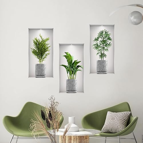 Miniatura 6 de Calcomanías de pared 3D de plantas verdes en maceta, 3 piezas de vinilo vegetal, hojas, calcomanías de pared creativas autoadhesivas para decoración