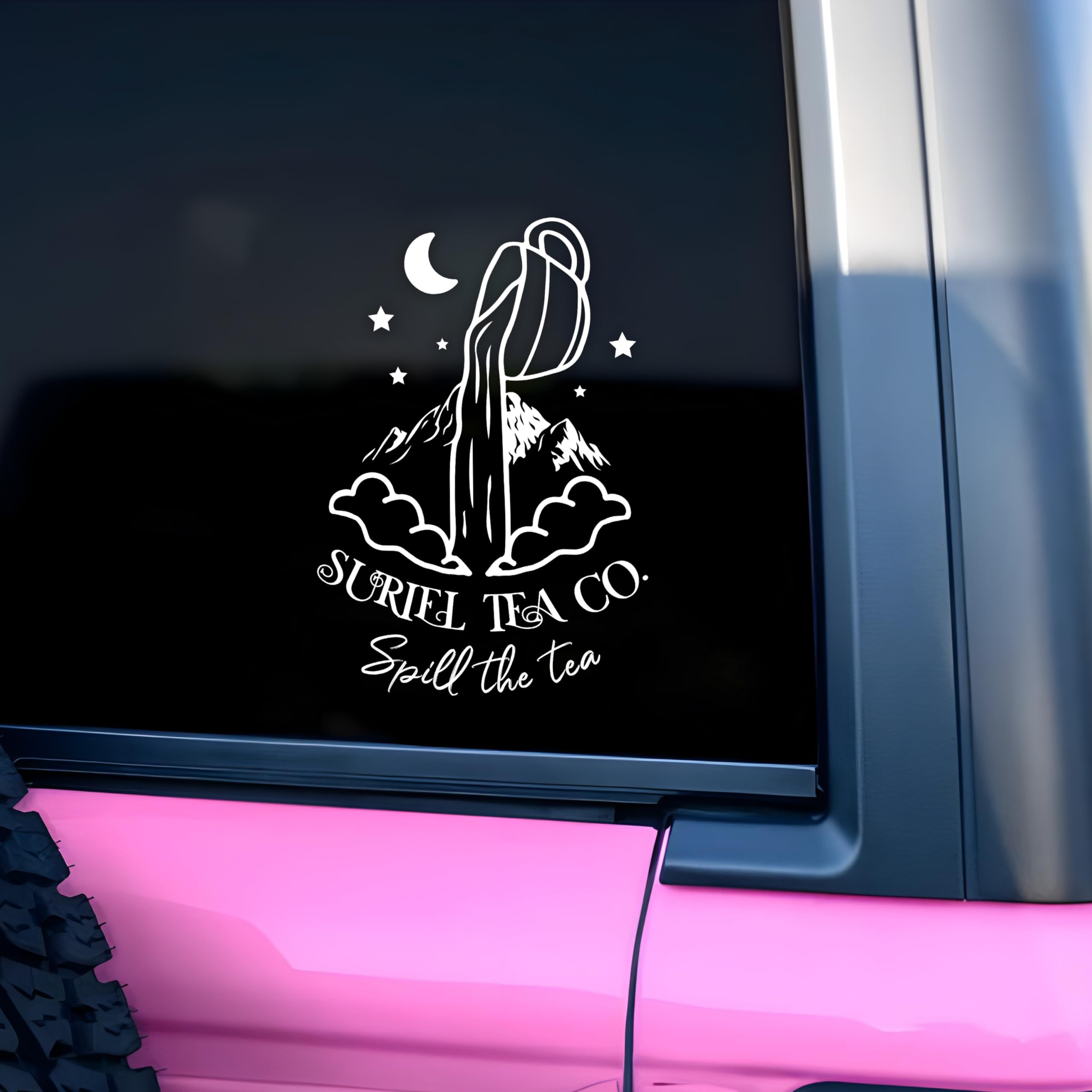 Suriel Tea Co. Spill The Tea Car Decal ACOTAR Mirror Decals Symbol Car Accessories Book Lover Gifts Reaing Lover Funny Vinyl Waterproof 8 Inches