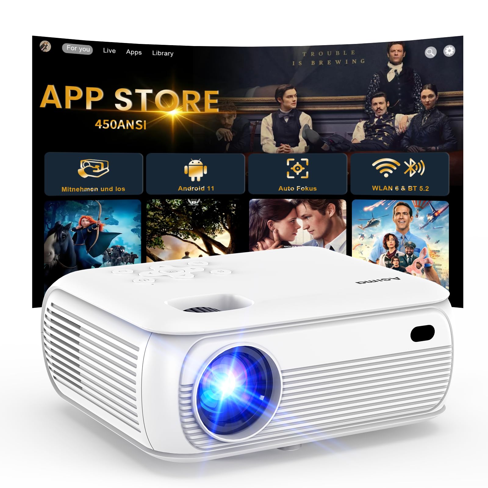 Mini proiettore FHD 4K, basso rumore, 450ANSI, adatto alla luce diurna, chiave automatica, altoparlante HiFi, Android 11.0, WiFi 6 BT5.2, proiettore home theater per camera da letto, giardino, bianco