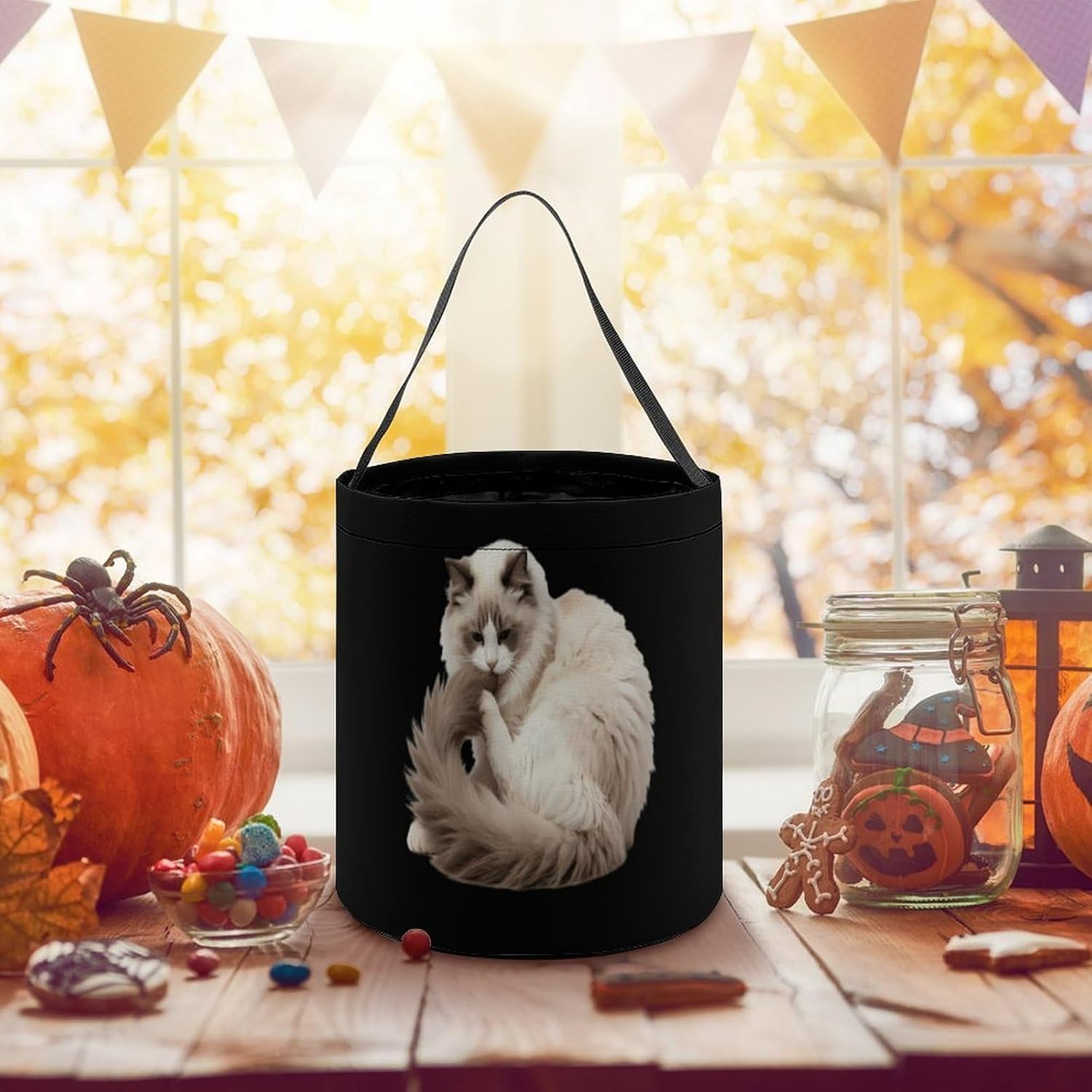 Cat Playing Tail Halloween Basket Candy Tote Bag Easter Bucket image 3