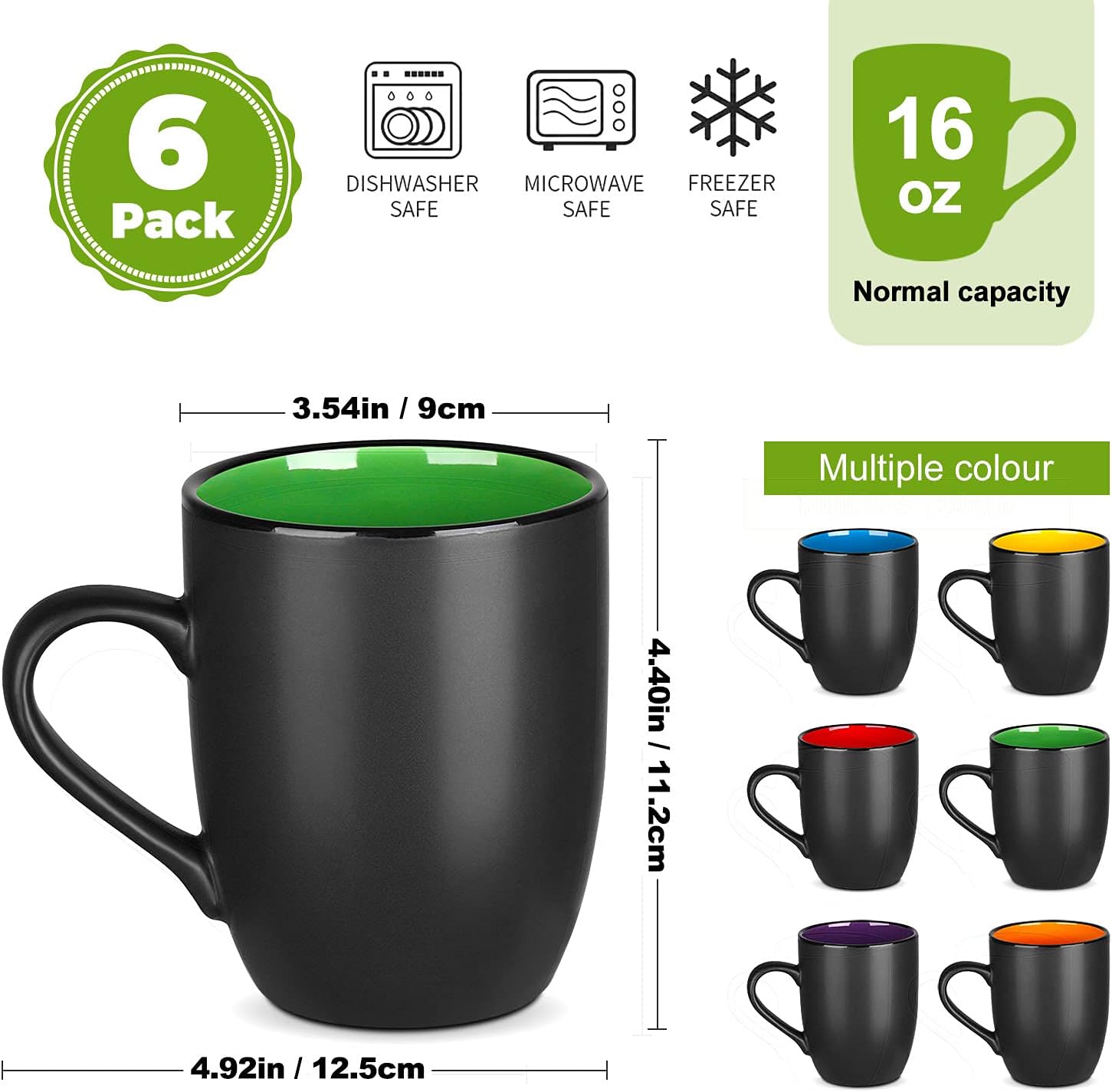 DeeCoo 6 Pack Large Coffee Mug Set 16 Ounces, Matte Black Porcelain Mug Large-sized Ceramic Restaurant Drinking Cups for Coffee, Tea, Juice, Cocoa