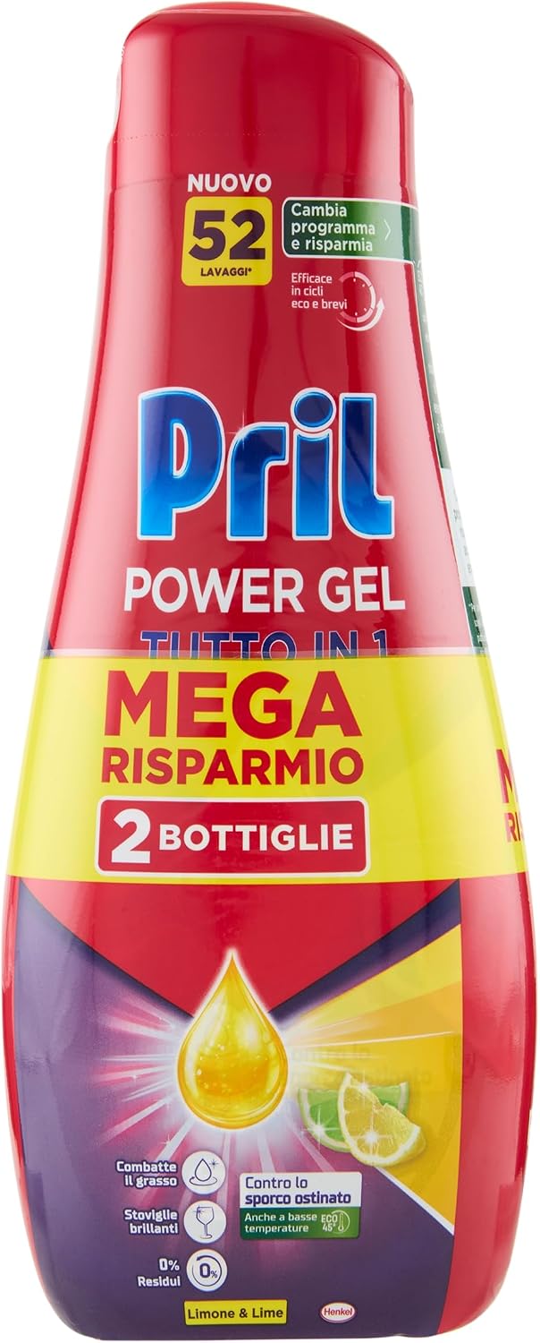 Pril Gel All In One Limone & Lime, Detersivo Lavastoviglie Liquido Multi-Azione Sporco Difficile, 2 Confezioni x 52 Lavaggi (104 lavaggi)