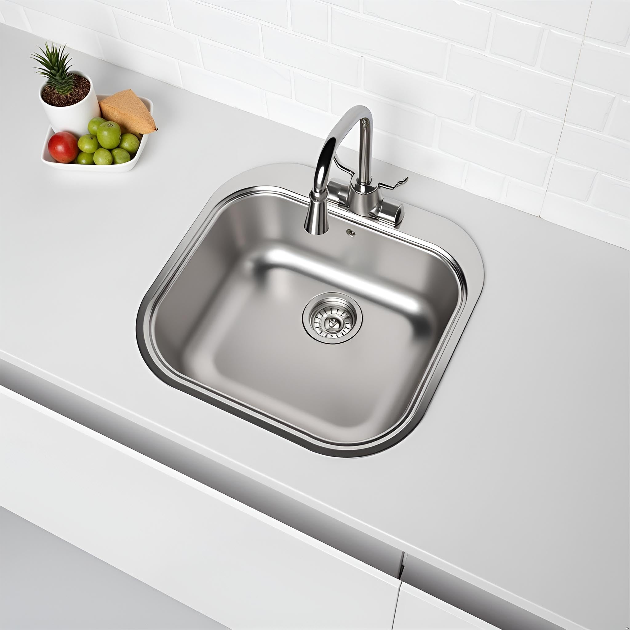 Cata Fregadero Cocina Sobre Encimera CS-1, 1 Cubeta Cuadrada 46,5x48,5 cm, Profundidad 16,5cm, Grosor 0,8mm, Fonoabsorbente, Acero Inoxidable AISI, Accesorios Incluidos, Color Gris