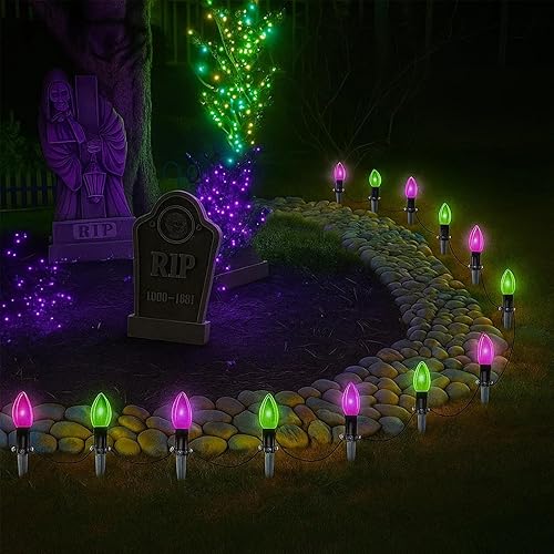 Miniatura 12 de Luces de camino de Halloween para exteriores, paquete de 10 luces de estaca para decoración de fiesta de Halloween con bombillas C9 transparentes