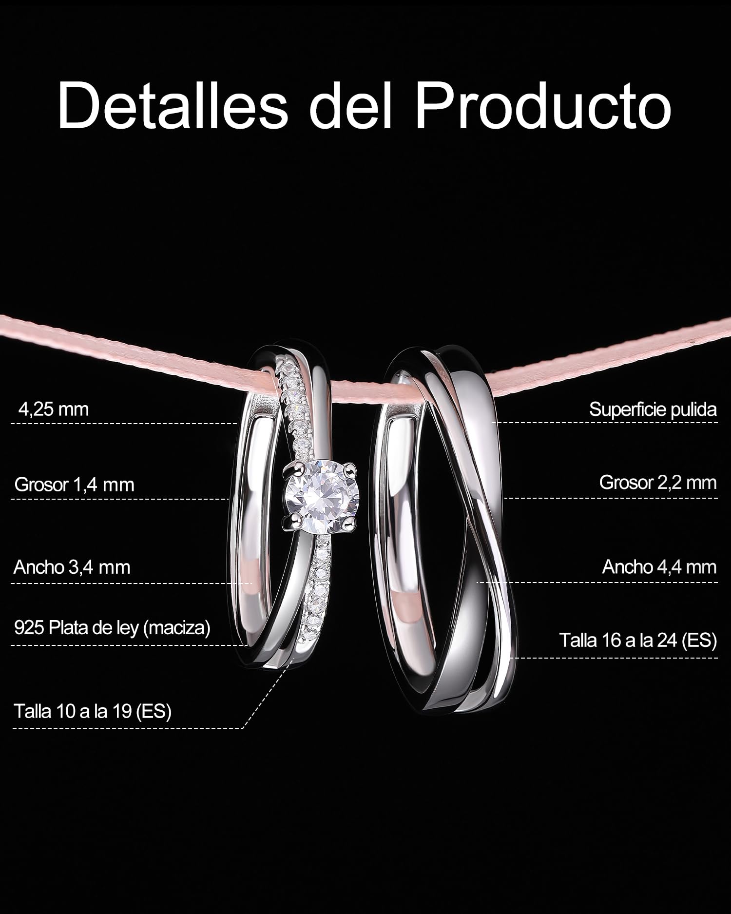 Messia Alianzas de Plata Pareja Anillos de Compromiso de Ley 925 Diseño Cruzado con Circonita Redonda Anillo Ajustables para Ella y Él Boda Aniversario Regalo