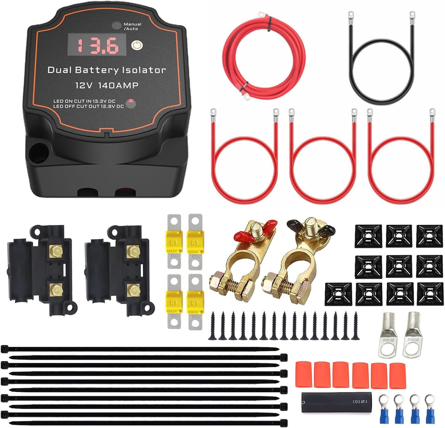 Heart Horse 3m Split Charge Relay Kit,12V 140Amp Smart Dual Battery Isolator Kit Manual/Auto Modes VSR-Voltage Sensitive Relay Kit with LED Screen, Voltage Display for Truck,SUV,RV,ATV,UTV,Boat