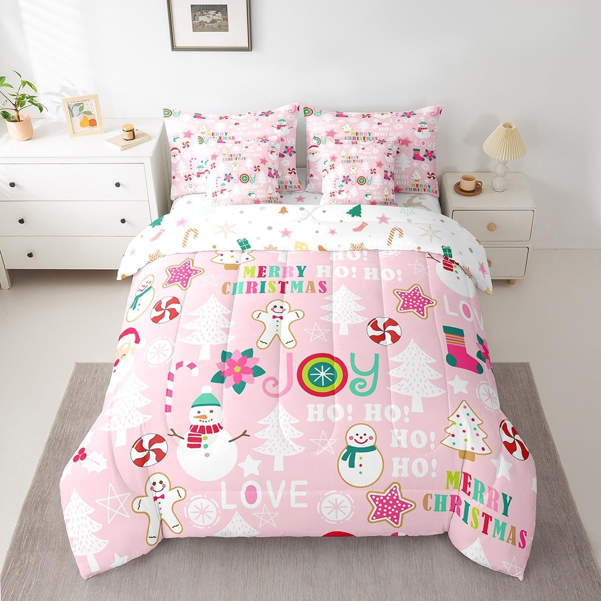 Christmas Kids Bedding Set Cartoon Snowman Gingerbread Man Comforter Set with Sheets for Boys Girls Christmas Tree Decor Bed in a Bag Pink Xmas Theme Bed Set 7Pcs Full Size