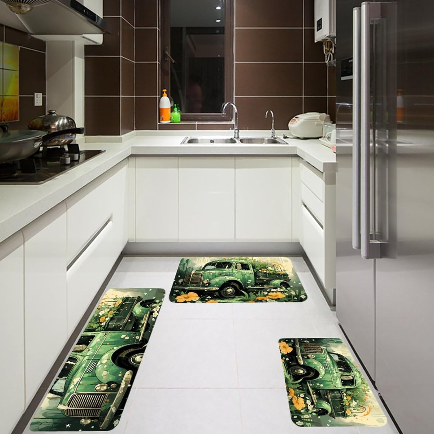 Car on Grass Kitchen Mats for Floor 3 Pcs Kitchen Rugs
