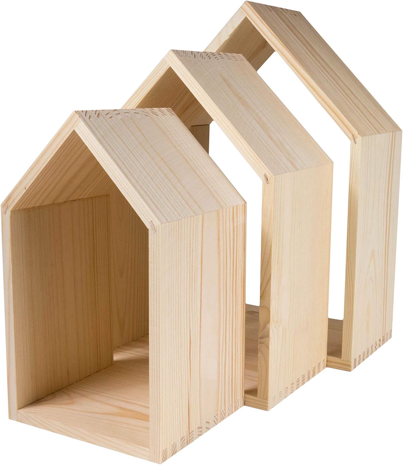 Set Of 3 Wooden Box House Shaped Shelf Box Stands - No Background