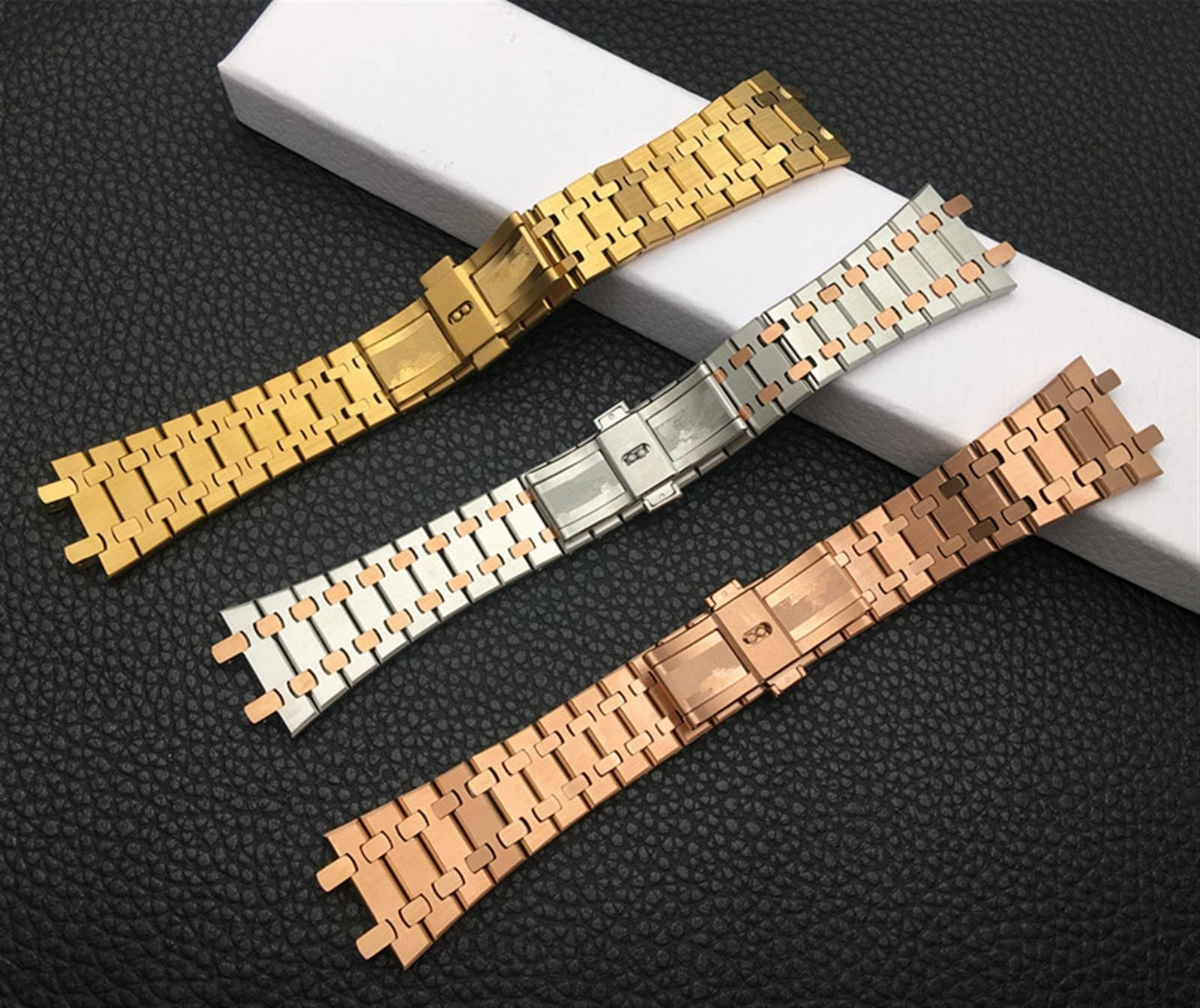 Czarny złoty srebrny pasek do zegarka 21 mm 26 mm mężczyźni kobiety bransoleta do zegarka ze stali nierdzewnej do AP ROYAL dąb składana klamra (kolor: średni złoty pasek, rozmiar: 26 mm)
