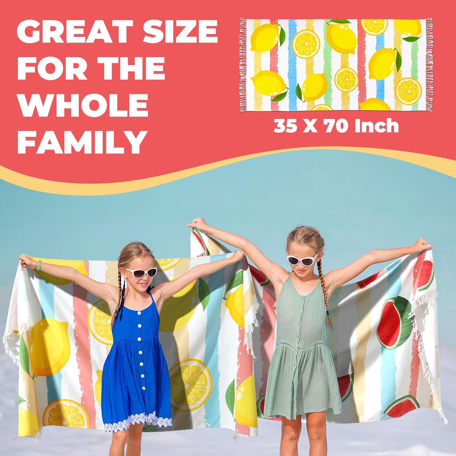 Whale Flotilla 4 Pack Cotton Turkish Beach Towel 35x70 Inch, Oversized Soft Absorbent Camping Swimming Travel Pool Towel with Stripe Cute Fruit Pattern