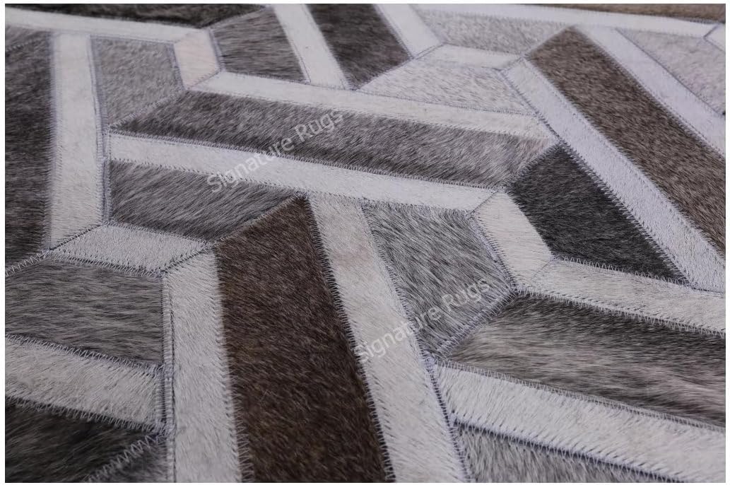Handmade Premium Cowhide Leather Carpet, Brick Pattern Area Rug, Gray and Ivory Geometric Design (Natural Ivory/Grey/Brown Multi, 9'6"x14'0")
