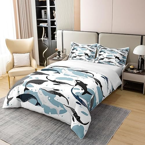 Miniatura 3 de Funda de edredón de ballena 100% algodón, tamaño matrimonial, funda de edredón de vida marina para niños y niñas, funda de edredón Kawaii de