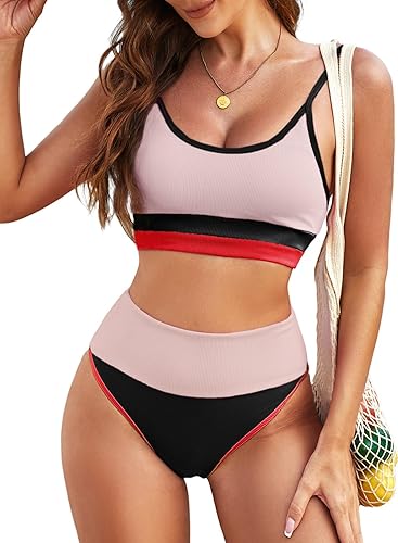 Herseas Conjunto de bikini de 2 piezas de cintura alta para mujer, lindo bloque de color, a rayas, traje de baño deportivo de punto acanalado