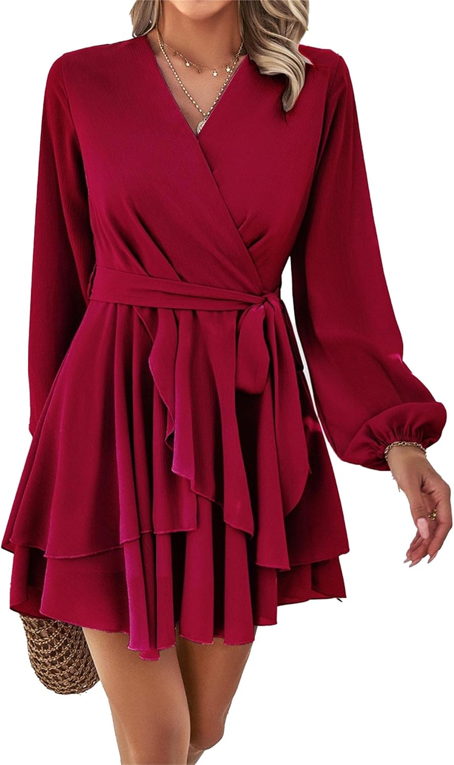 Womens 2024 Deep V Neck Knotted Tiered Dress Chiffon Elegant Mini Short Swing Skater Dresses Cocktail Party A Line Dress
