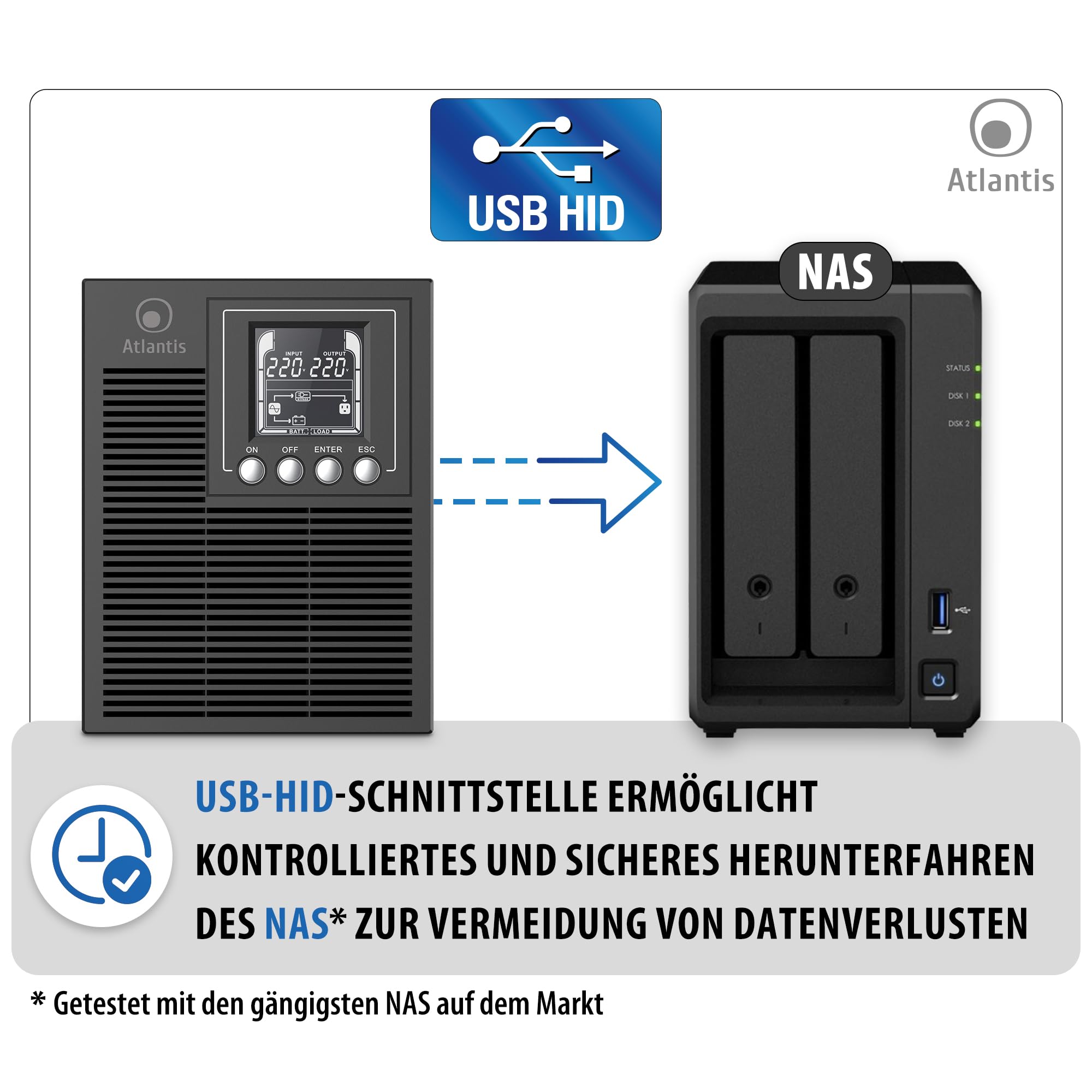 Atlantis A03-OP1002XLN UPS OnLine 88% Leiser unterbrechungsfreie Stromversorgung Server Doppelwandler Reine Sinuswelle 1000VA 700W, Lüfter Low Noise Gelid 23,6 dbA,USB,2 Schuko + 1 IEC, 2x12V-9Ah