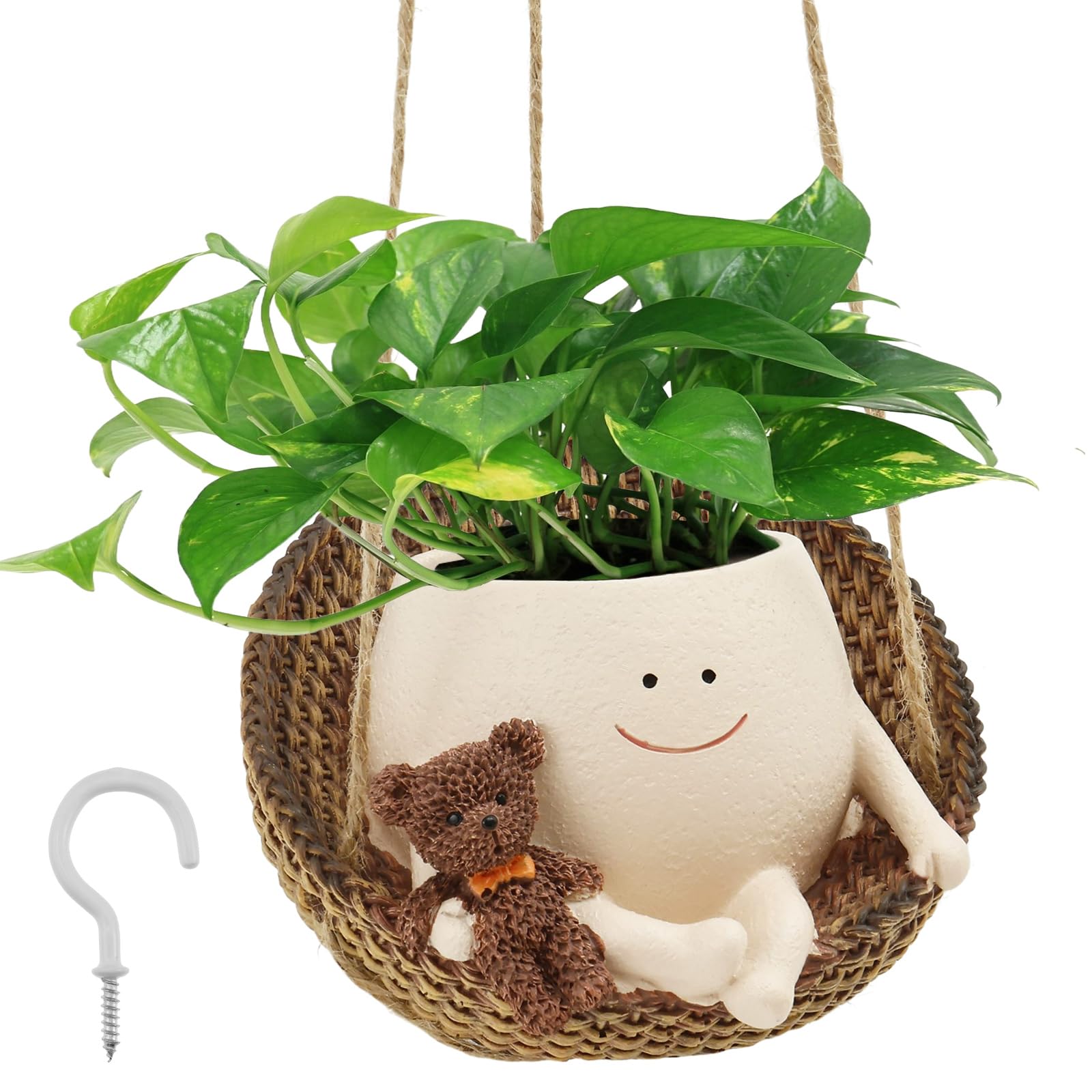 Pot de fleurs décoratif à suspendre en forme de visage de balançoire, joli pot portable avec trou de drainage pour intérieur et extérieur (suspendu)