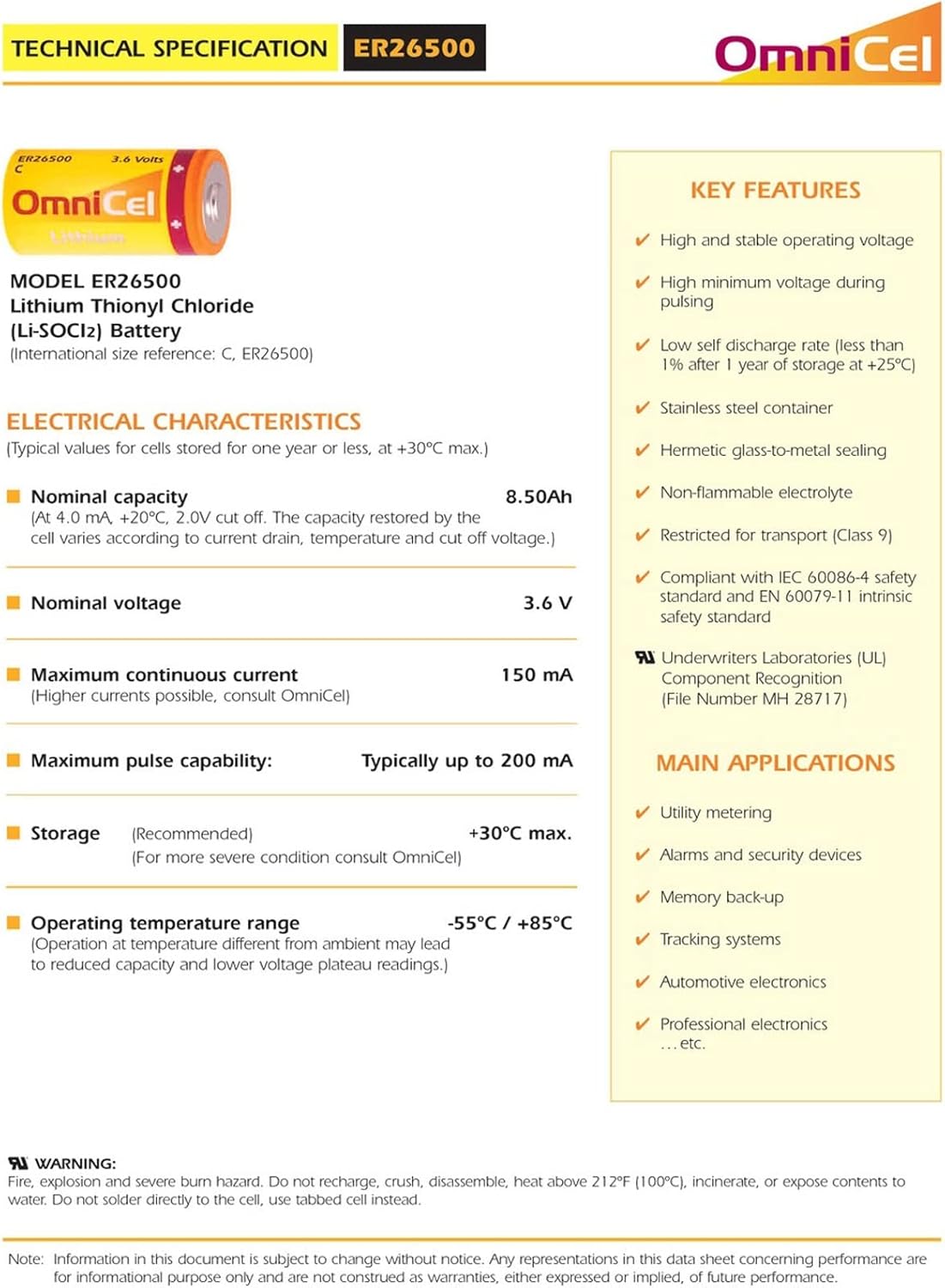 OmniCel ER26500HD 3.6V Size C Lithium Battery Replace Eagle Pitcher PT-2200, Saft LSH14, Tekcell SB-C01 SB-C02, Xeno XL-145F For Heat meter, Earthquake tester, Taximeter, Telephone Underwater ordnance