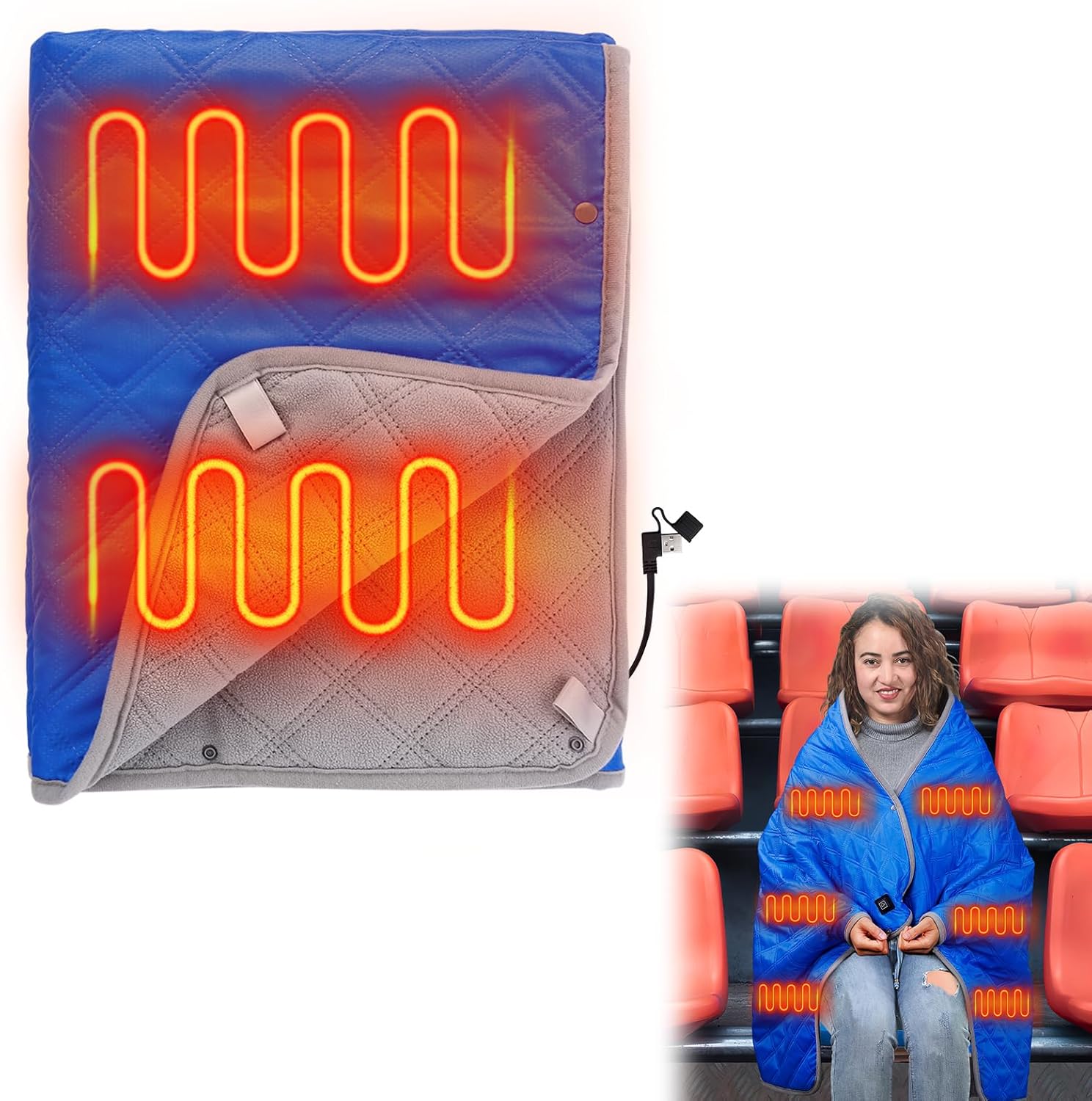 Apipi Portable Heated Blanket - Warm Blanket Type-C & USB for Outdoor Stadium Camping Travel Home, Windproof Waterproof Blanket Wamer, 3 Heat Levels 6 Heating Zones for Christmas Women Gifts, Blue