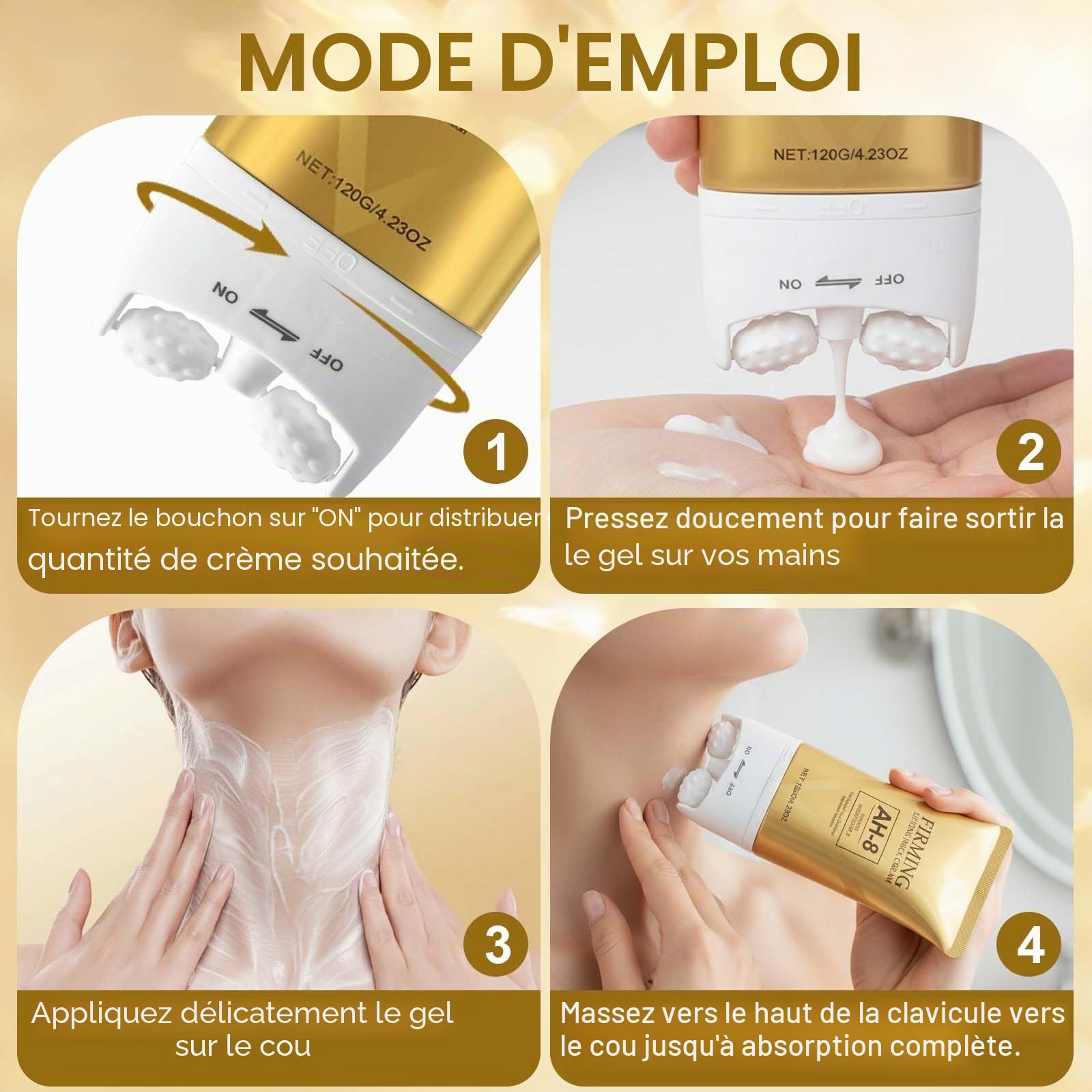 AH-8 Creme Raffermissante pour le Cou, Combattre le Double Menton, Crème Raffermissante avec Rouleau et Patch pour le Cou, Nourrit la Peau