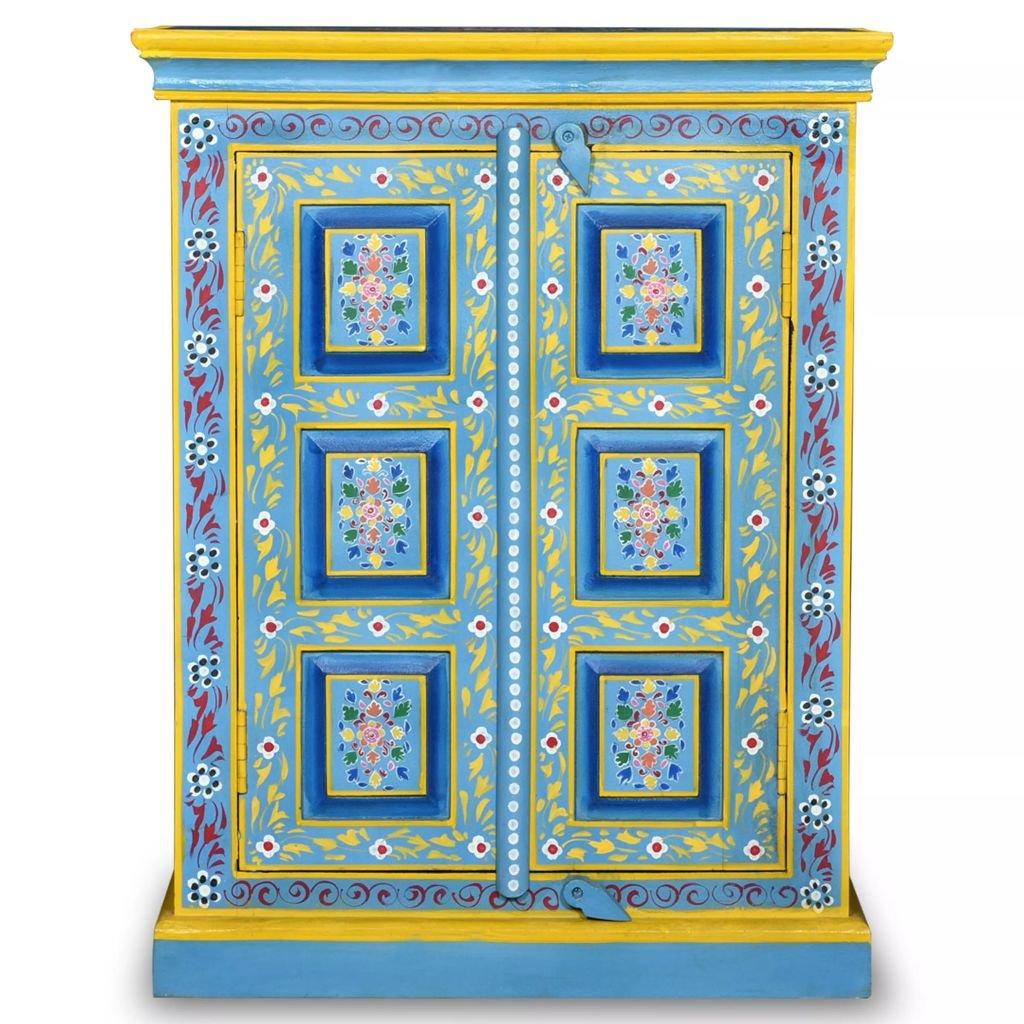 Festnight Mobile Dispensa Credenza in Legno Massello di Mango Turchese Dipinta a Mano con Un Grande Armadietto con 2 Ante 60 x 30 x 78 cm