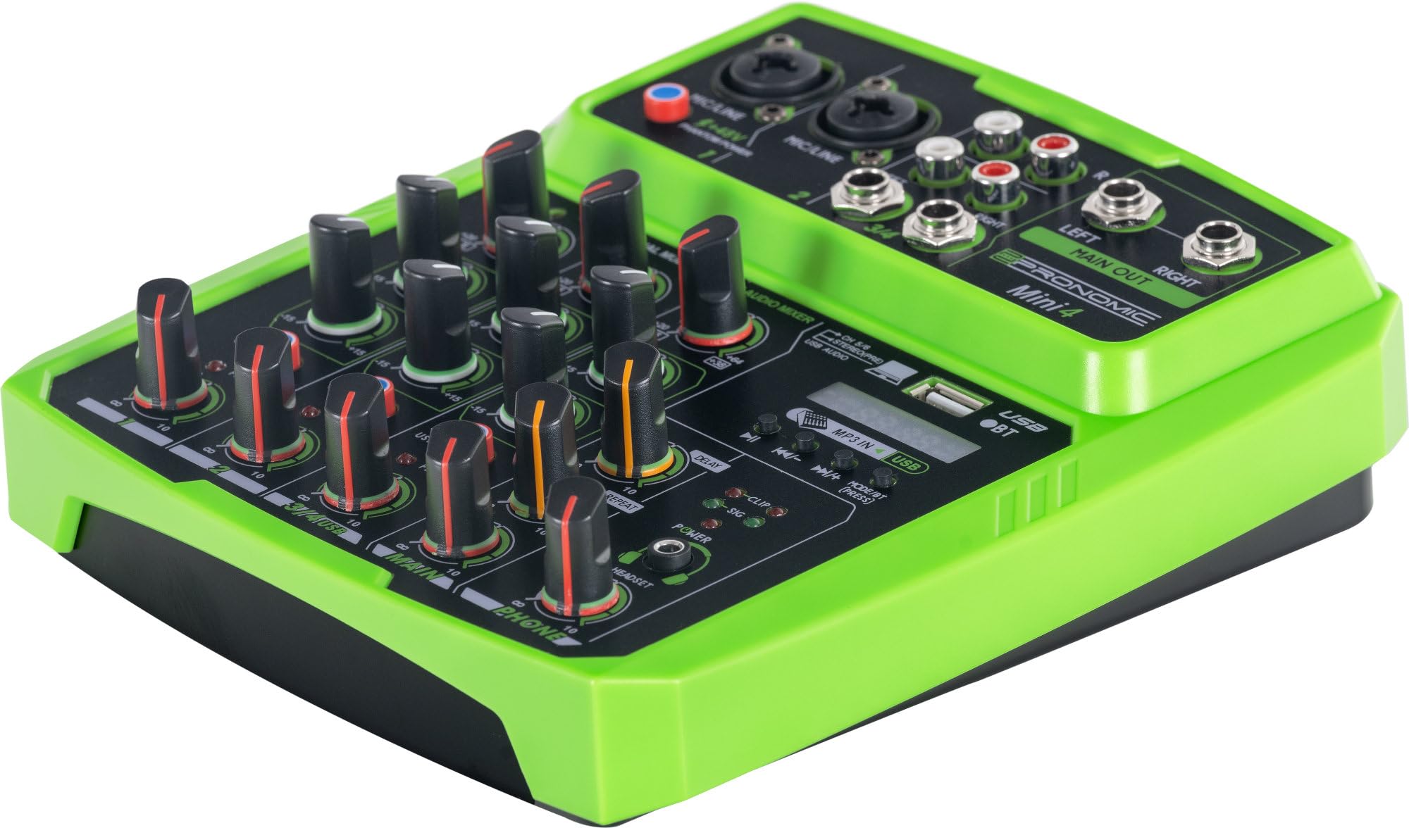 Pronomic Mini4 Mixer USB - Mixer 4 Canali Alimentato via USB - 2 Canali con Combo Jack - Ingresso Stereo - Media Player/Recorder con Bluetooth e USB - Interfaccia Audio - Verde