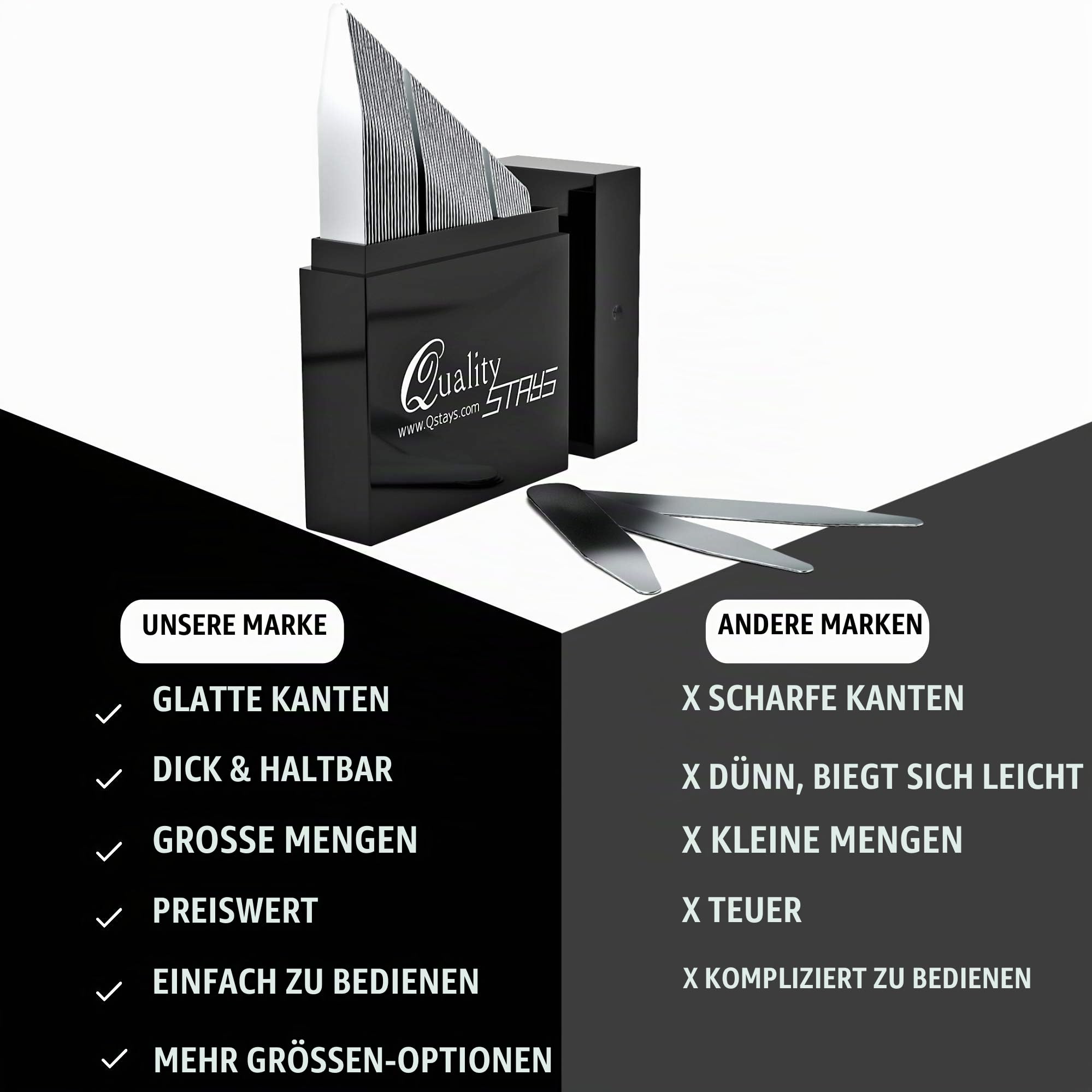 Quality Stays 40 Stück Edelstahl-Kragenstäbchen - 3 Größen in 1 Sortierkasten