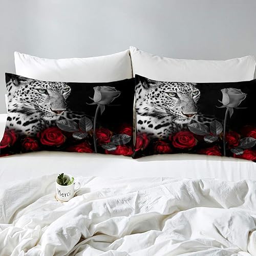 Miniatura 4 de Juego de edredón de leopardo con rosas rojas, juego de edredón de animales de safari africanos para niños y adultos, estampado floral de guepardo,