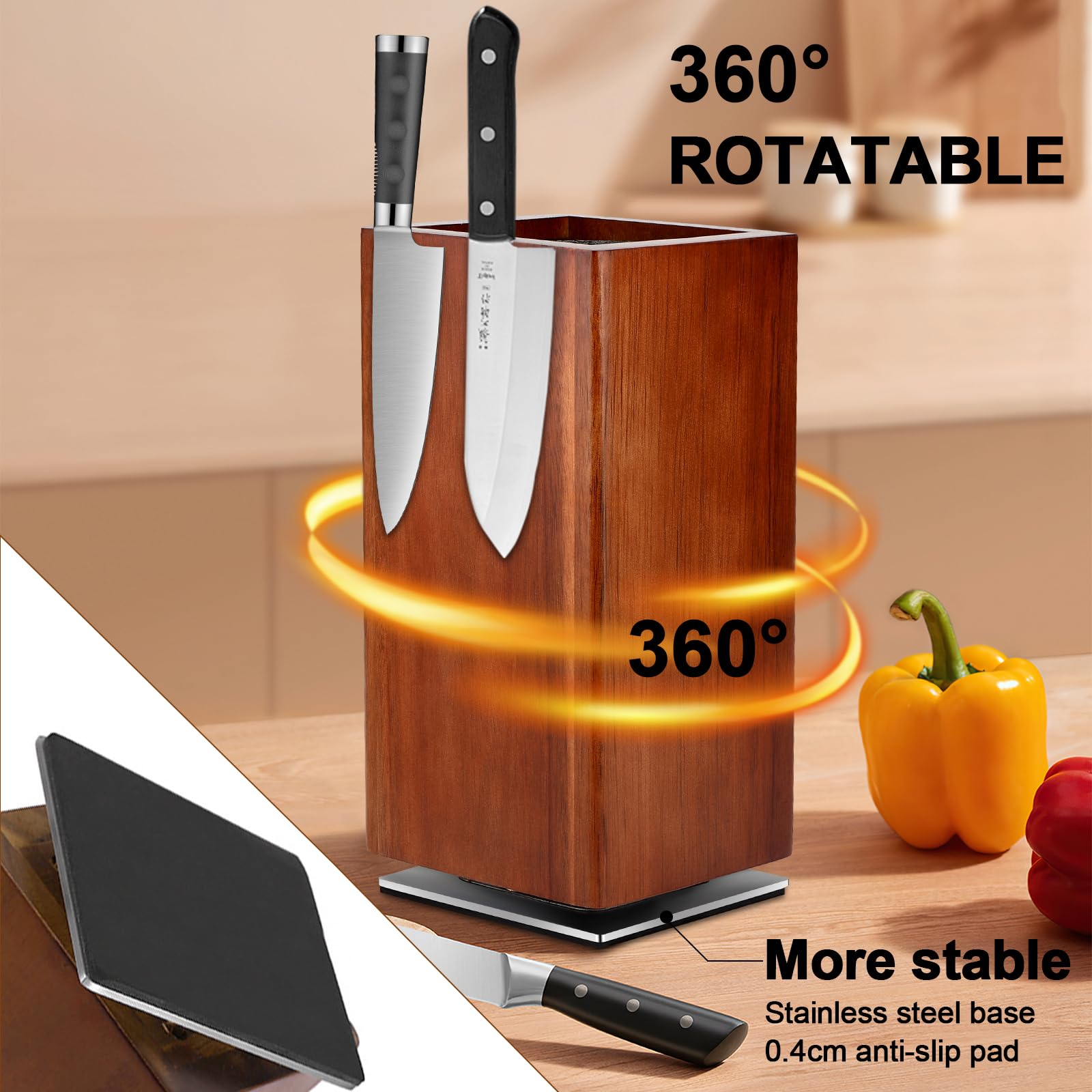 Ceppo Portacoltelli Magnetico Da Cucina 25x12x12 Cm - Blocco A Rotazione 360° Con Magneti Potenti, Base Antiscivolo E Interno Rimovibile Per 12-14 Coltelli