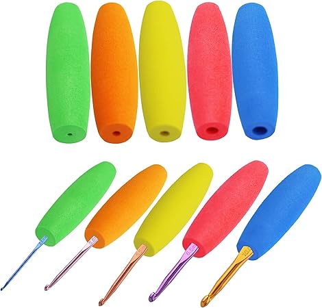 MEYAGO 5PCS Crochet Hook Grips Set Ergonomic Crochet Hook Handle Multi-Size Ergonomic Crochet Hook Handle Attachment - Fits 2mm to 10mm Hooks