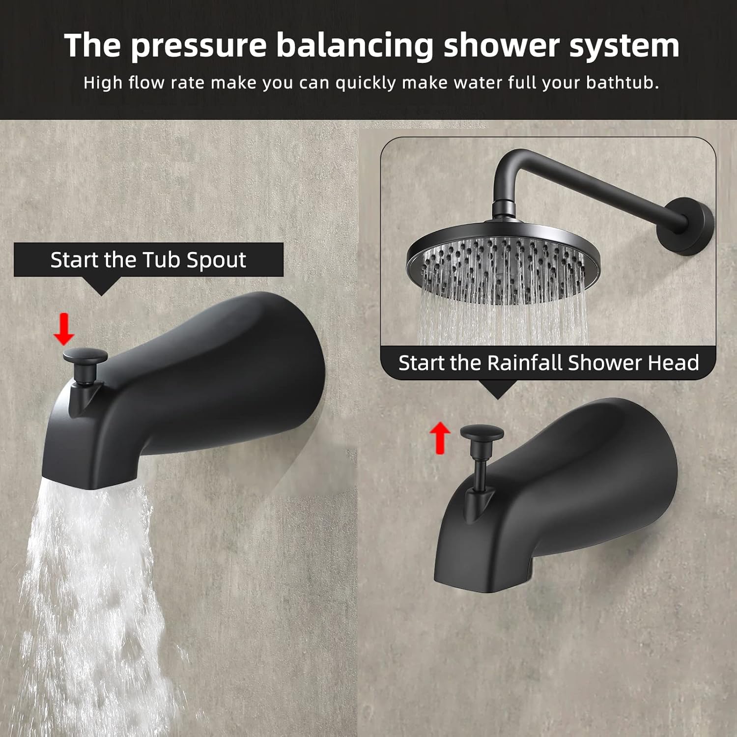 NEWATER Black Dual Function Shower Faucet Set with Tub Spout，Shower Trim Kit(Valve Included) with 8 Inch shower head,Rain Mixer Shower System Wall Mounted Fixtures Rainfall Shower Combo Set