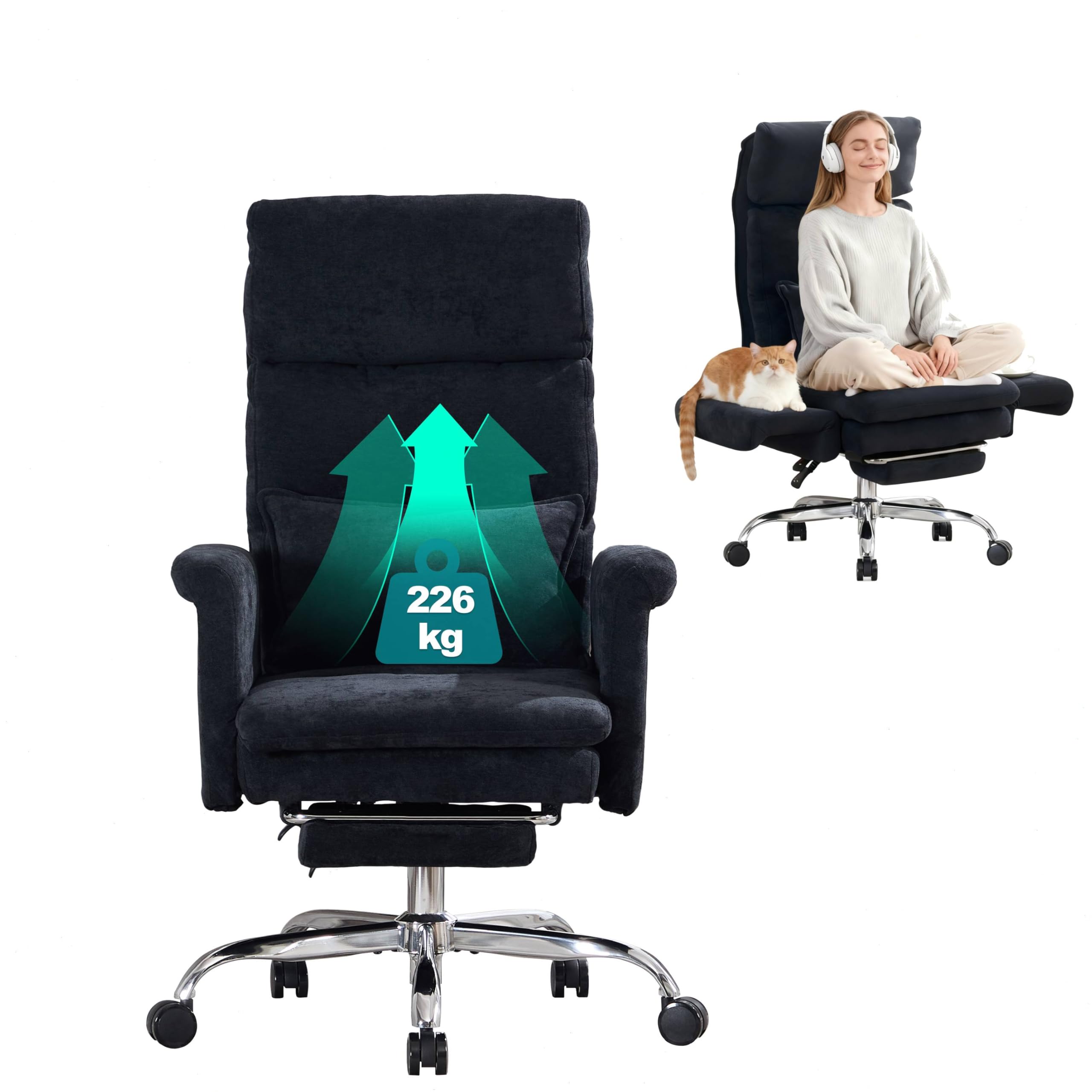 UEV Bürostuhl Ergonomisch mit Fußstütze bis 226kg,Drehstuhl schwarz | klappbare Armlehnen,Dicker Sitzpolsterung,Verstellbarer Kopfstütze,Schreibtischstuhl für schneidersitz,Computerstuhl