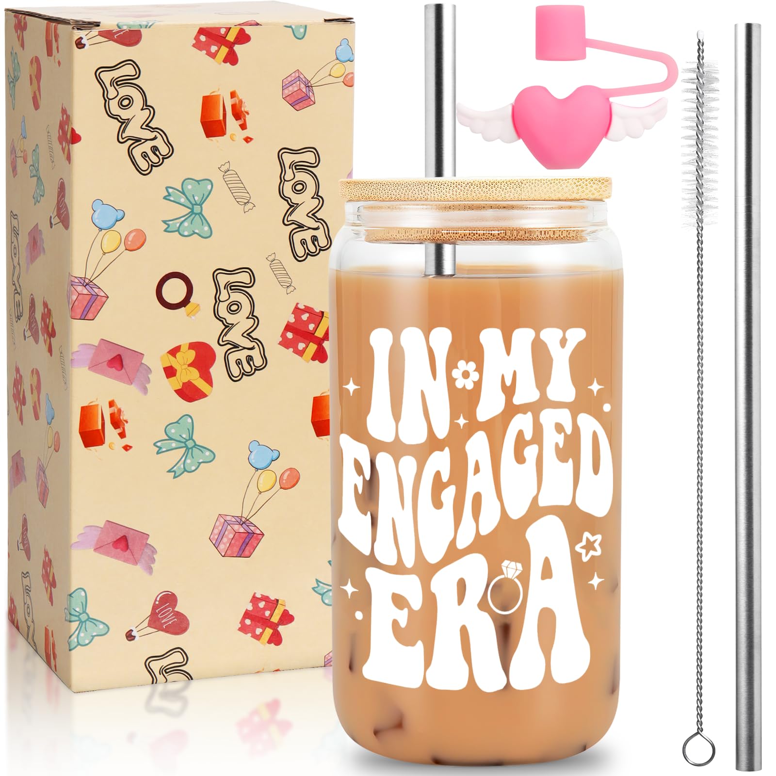 16oz Iced Coffee Glass Tumbler with Lids Straws and Straw Cover,in My Engaged Era - Engagement Gifts,Bride to be Gifts - Bridal Shower Gifts,Bachelorette Gifts for Bride,Future Mrs Gifts