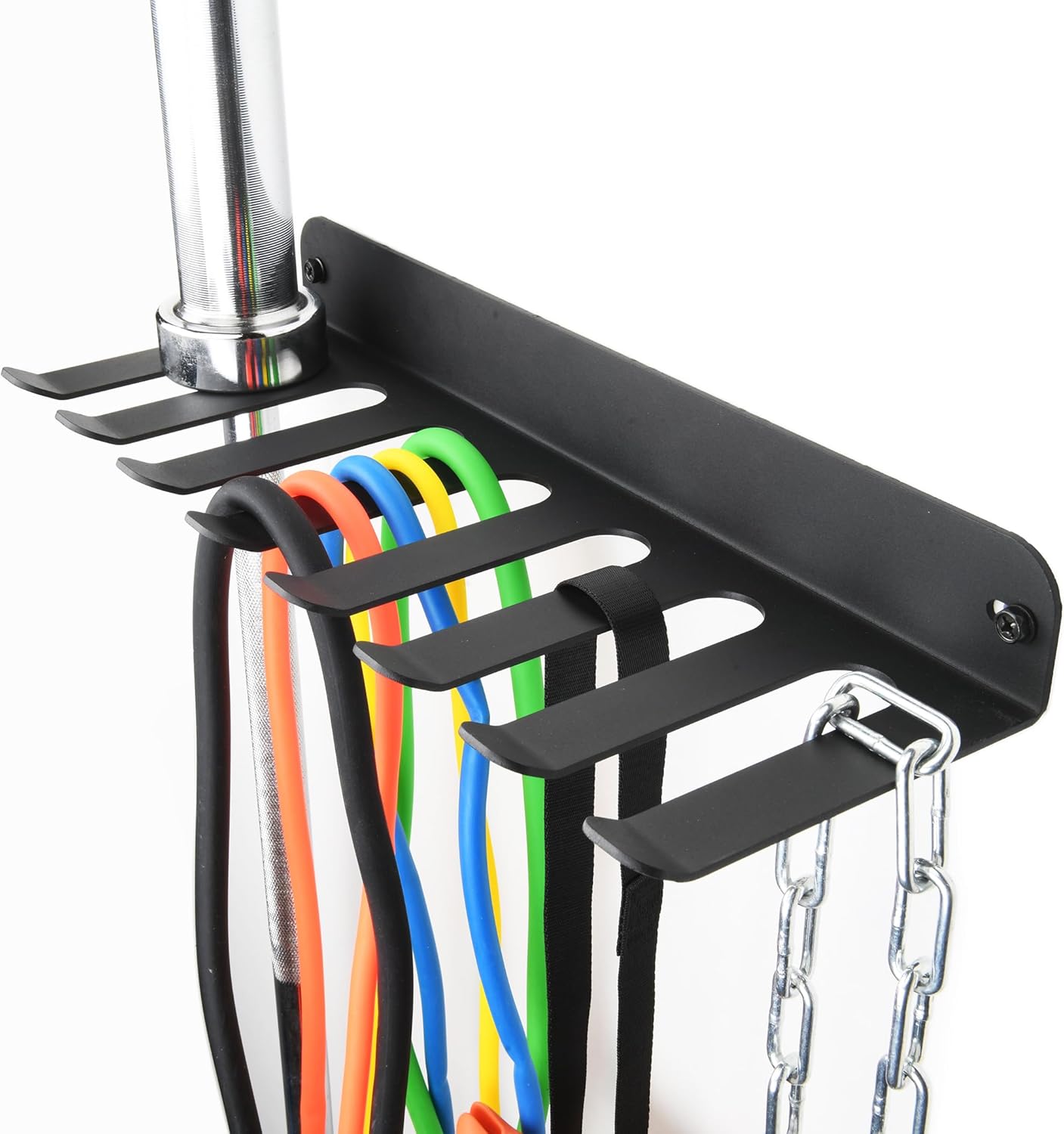 Performance Seven Bars Holder Storage,Custom Powder Coated HEAVY-DUTY STEEL Mount Wall Rack Storage Rack,Weight Room Organizer with 8 Wall Hooks for Exercise Bands Jump Ropes Chains Lifting Belts 3mm Black 8 Tooth