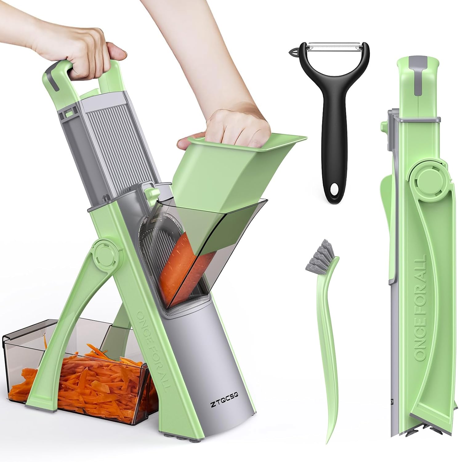 [All in 1] Upgraded Version Safe Mandoline Slicer for Kitchen, Adjustable Thickness. Detachable Blade, Veggie Slicer, Rapid Prep Mandoline, with Cleaning Brush/Paring Knife (MatchaGreen)