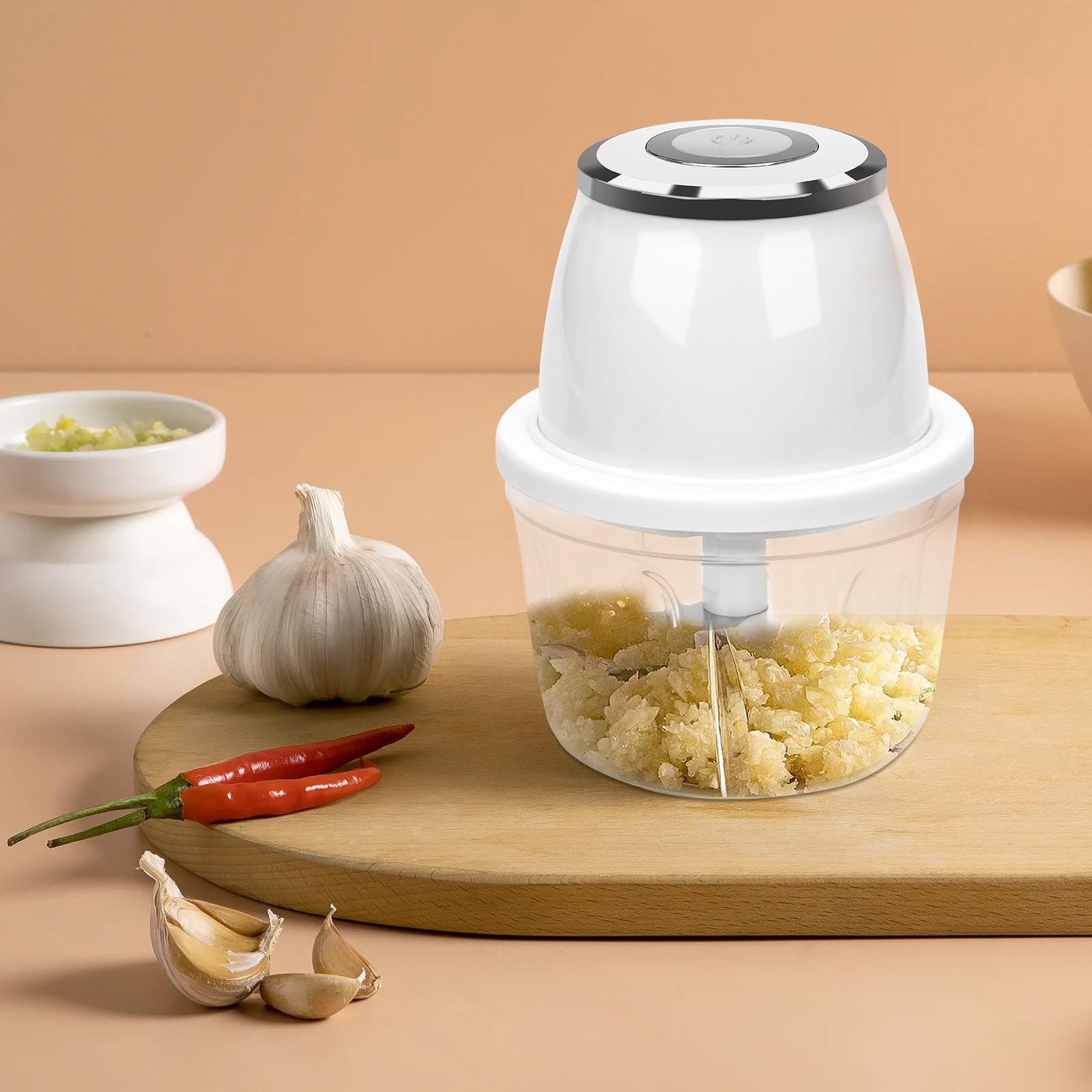 Tritatutto da Cucina Elettrico 350ml, Frullatore Piccolo Portatile con 3 Lame per Carne Frutta Peperoncino Cipolle Aglio - Bianco