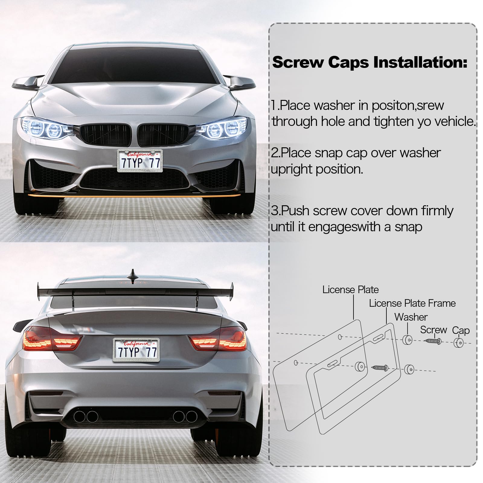 Runone 2 Pack Bling License Plate Frame for Women Sparkly Rhinestone Stainless Steel License Plate Holder Car Accessories — view 4