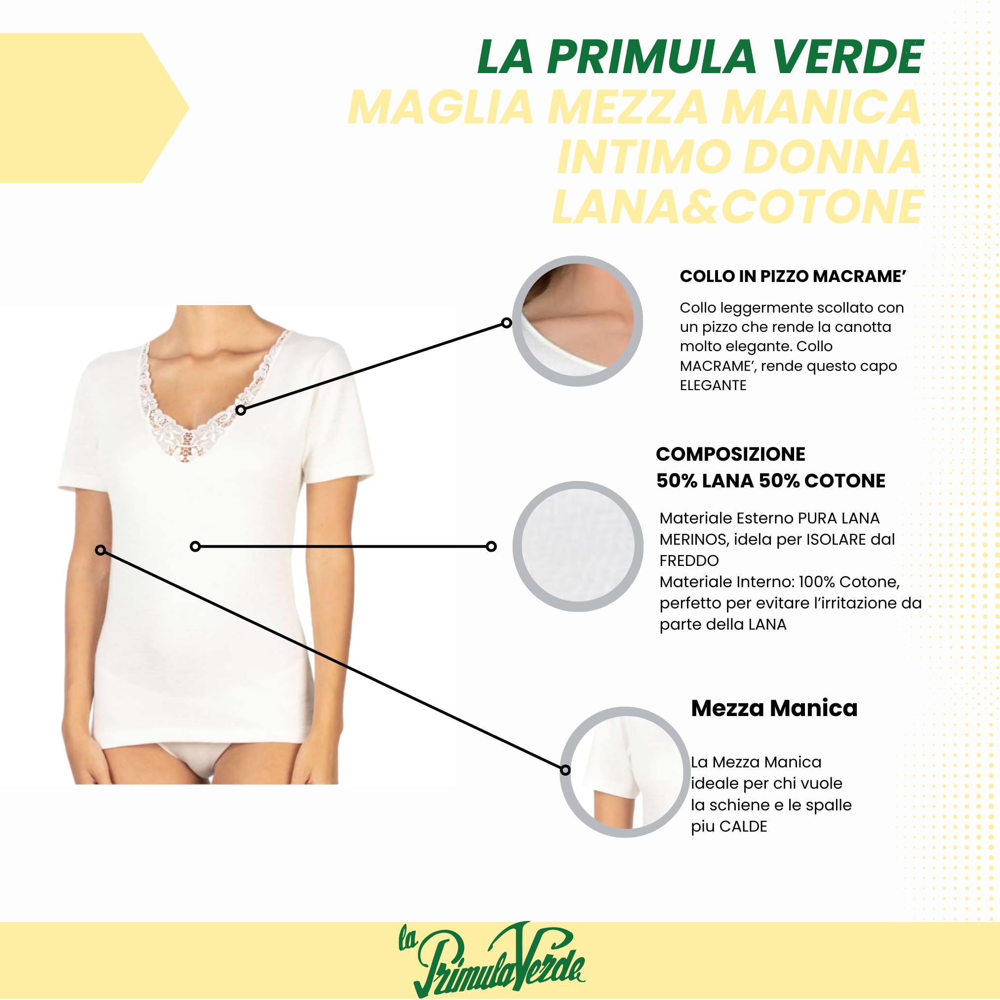 Maglia Donna Mezza Manica Lana e Cotone con Pizzo, Canotta Mezza Manica Termica Intima Donna, attività Sportiva Invernale, Caldo dalla 3 alla 8