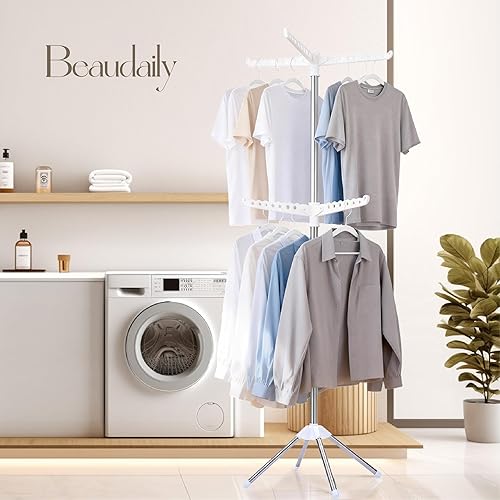 Miniatura 2 de Beaudaily Tendedero de secado de ropa, plegable de 74.8 pulgadas, estante de secado de ropa interior de 2 niveles con brazos giratorios, acero