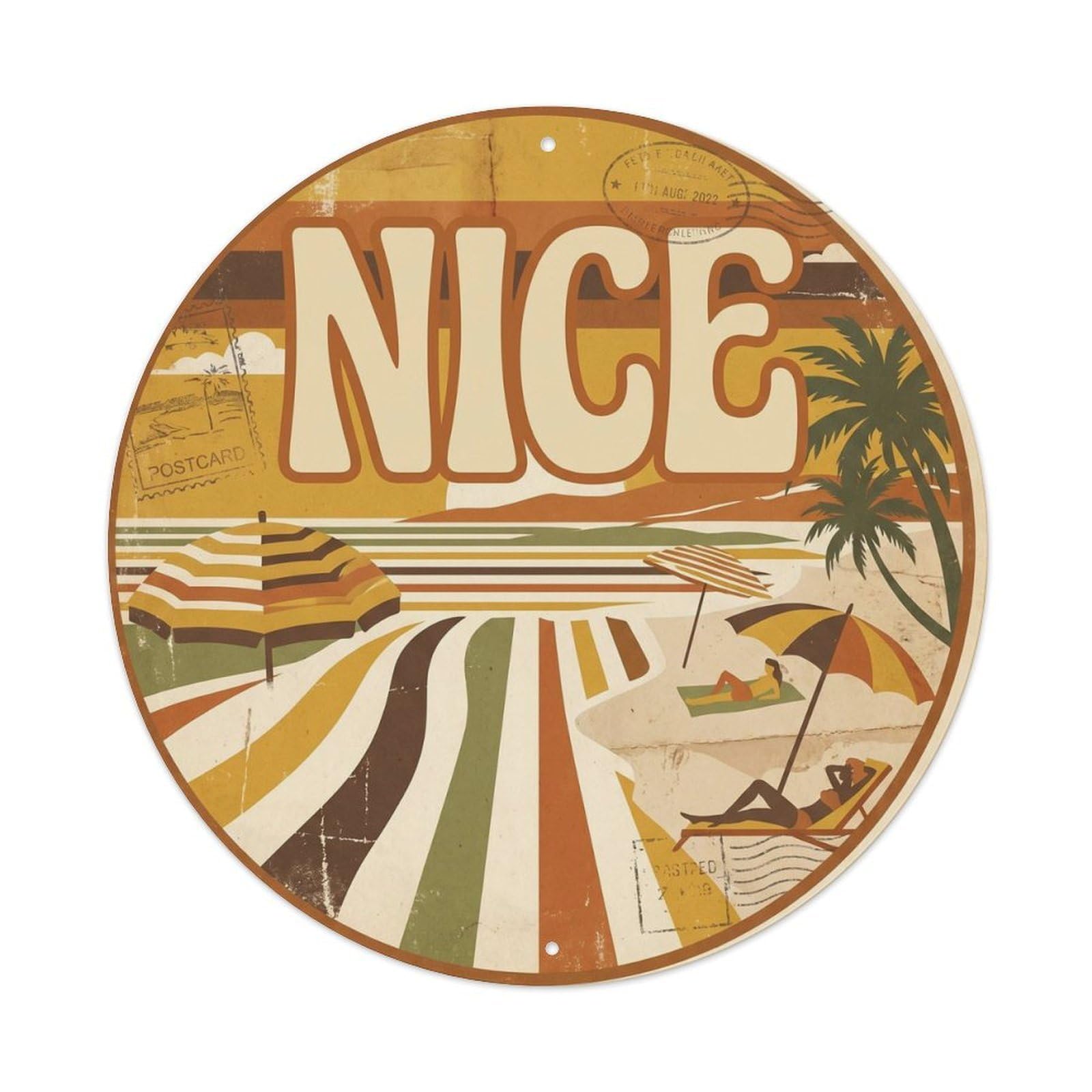 Sunburst Beach Nice France Mixed Modern Travel Collage Metal Tin Sign Plaque Wall Decor for Cafe, Man Cave, Club Bar, Office, Home Garden Round Metal Poster 8x8Inch