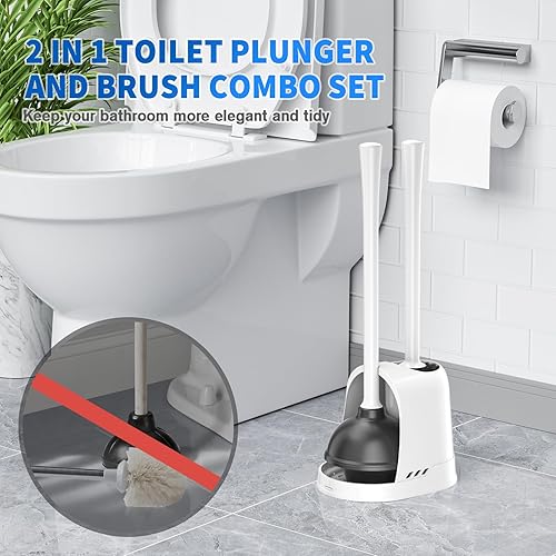 Miniatura 7 de Juego de 2 cepillos y émbolo para inodoro, juego de 2 cepillos para inodoro y émbolo de inodoro resistente con soporte ventilado, combo de cepillo