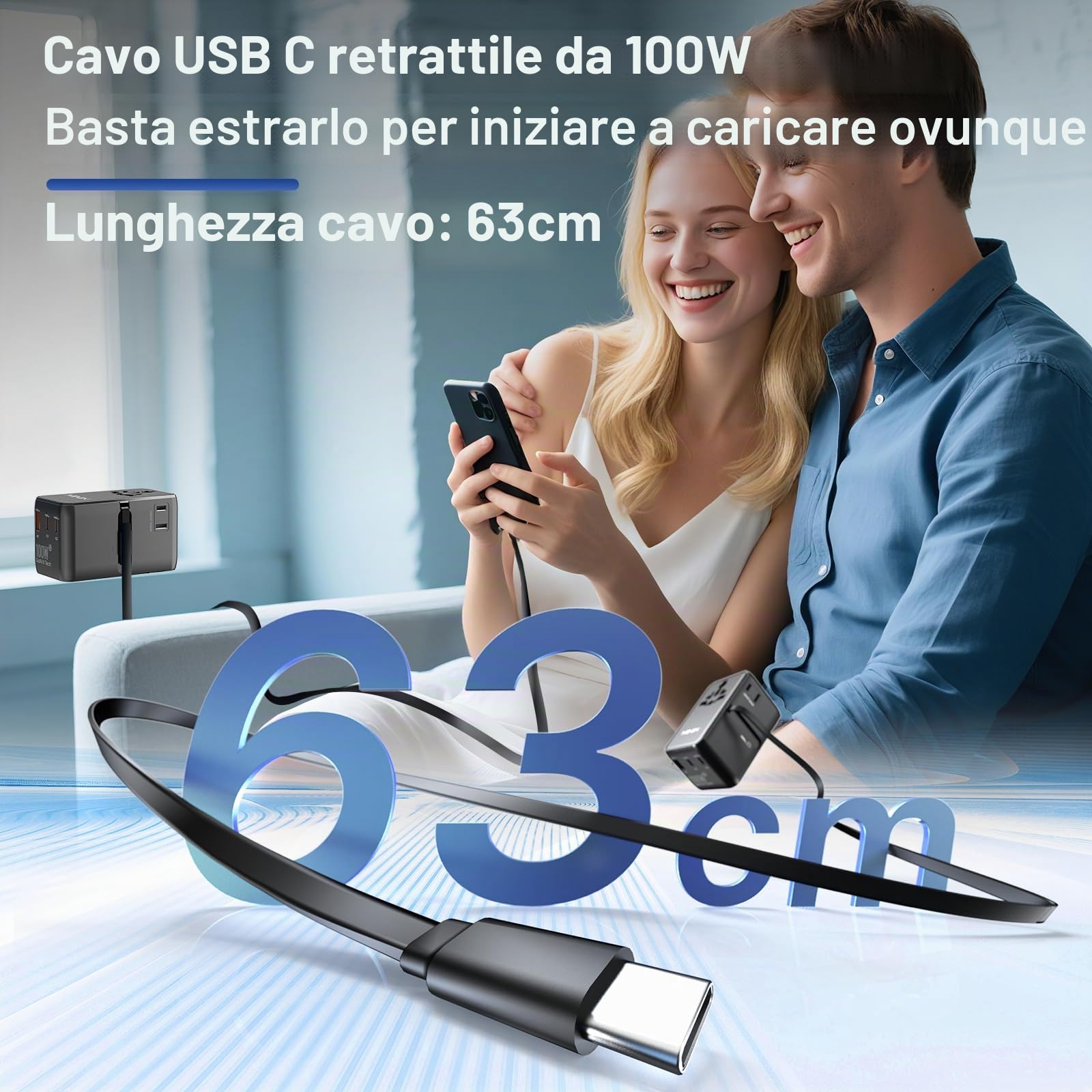 MINIX Adattatore da viaggio universale 100 W con cavo USB C retrattile, PD 3.0 GaN III, porte USB-C * 3 USBA * 1, presa AC, caricatore da viaggio globale per computer portatili tablet telefoni