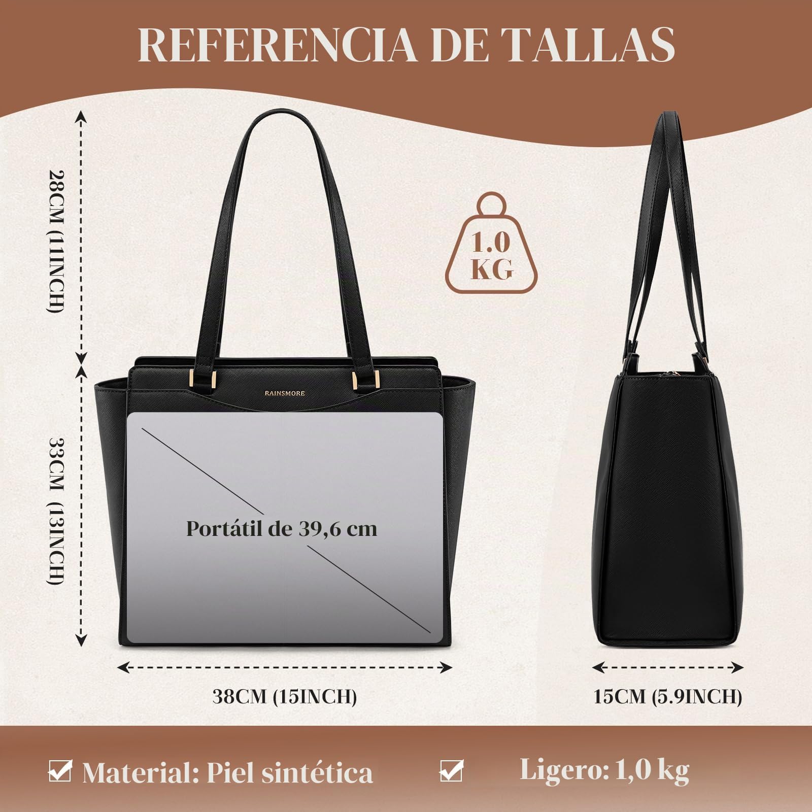 RAINSMORE Bolso Mujer Grande Bolso Universidad Impermeable para Portátil 14 Pulgadas Bolsos Tote Cuero PU con Cremallera Bolsillo Interior para Compras Viajes Colegio Oficina